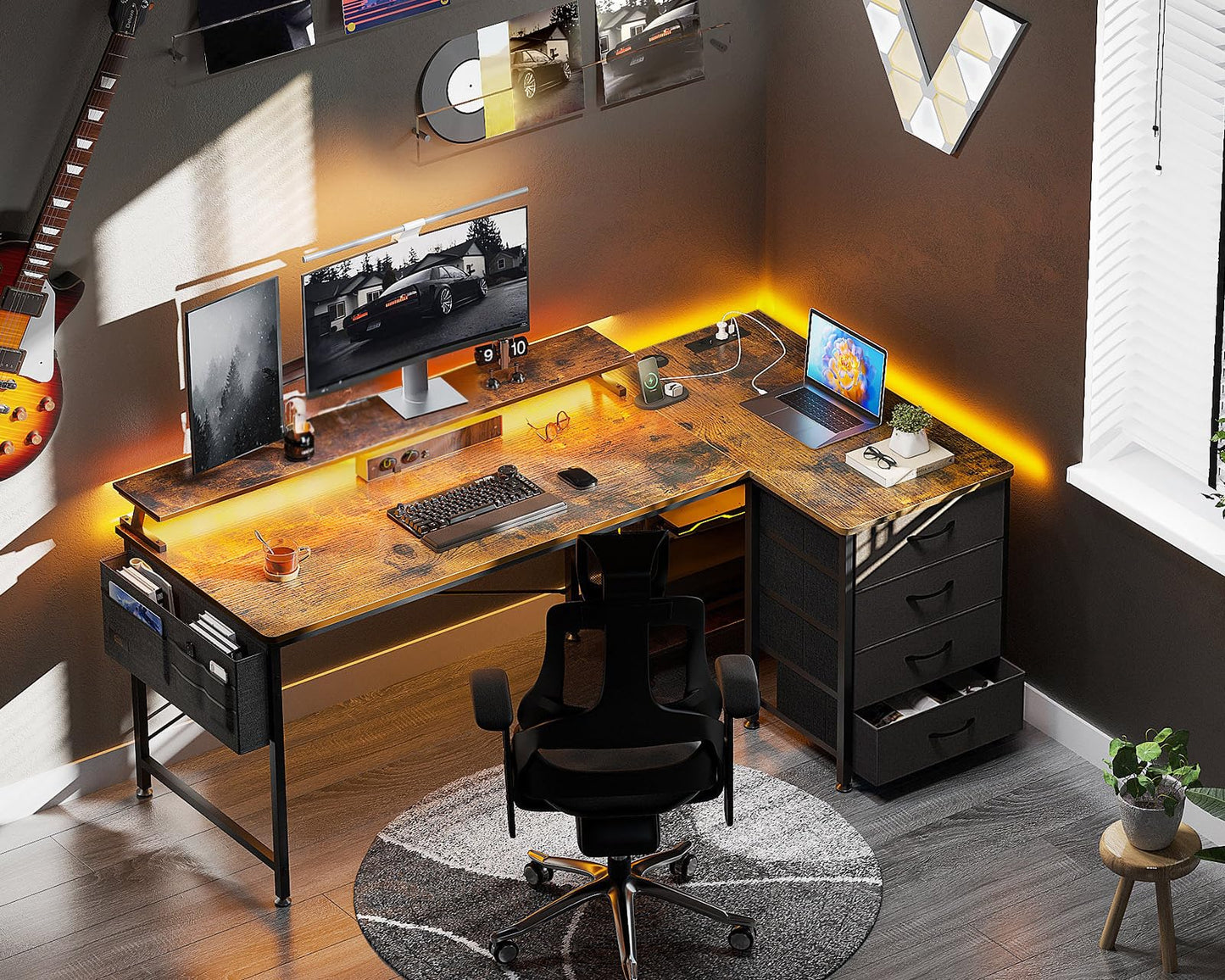 ODK Eckschreibtisch mit 4 Stoff Schubladen, 160x80cm Reversible Schreibtisch L Form mit 2 Steckdosen und 2 USB Ladeanschluss, Gaming Tisch L Form mit LED&Monitorständer für Home Office, Schwarz