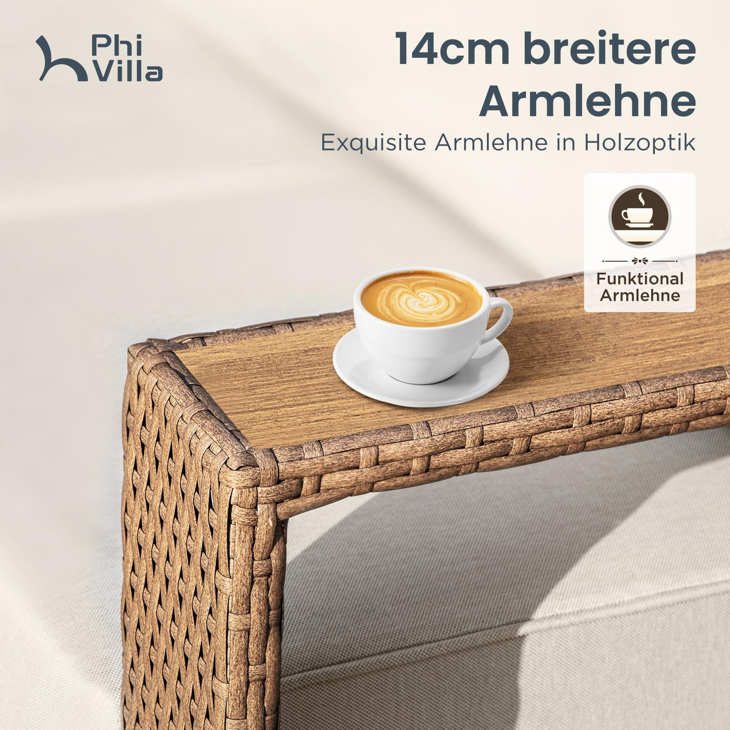 PHI VILLA Rattan Gartenmöbel Set Balkonmöbel für 6, Lounge Möbel Outdoor Sofa Sets für Garten und Terrasse, Allwetter Gartensofa Terassenmöbel Außen mit Dicken Weißen Kissen und Ergonomischem Design