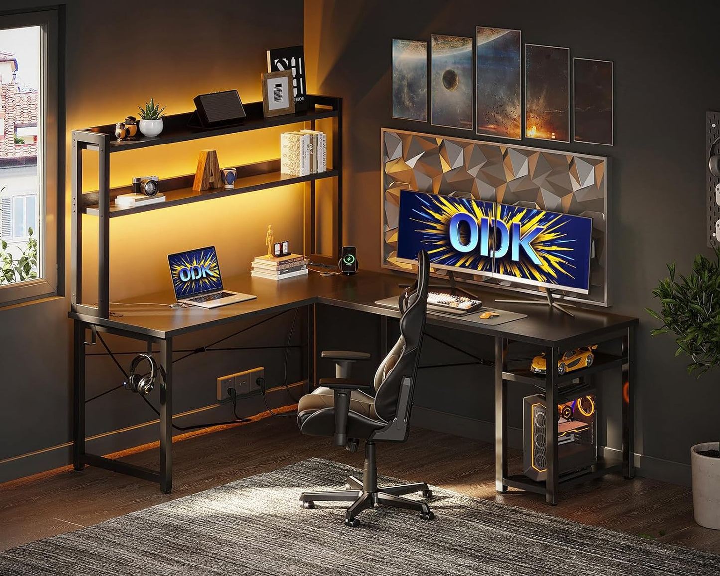 ODK Eckschreibtisch Weiß mit Stall, 150×120 cm Reversibel Gaming Tish L Form mit LED, Computertisch mit USB-Ladeanschluss&Steckdose, Gaming Schreibtisch für das Heimbüro