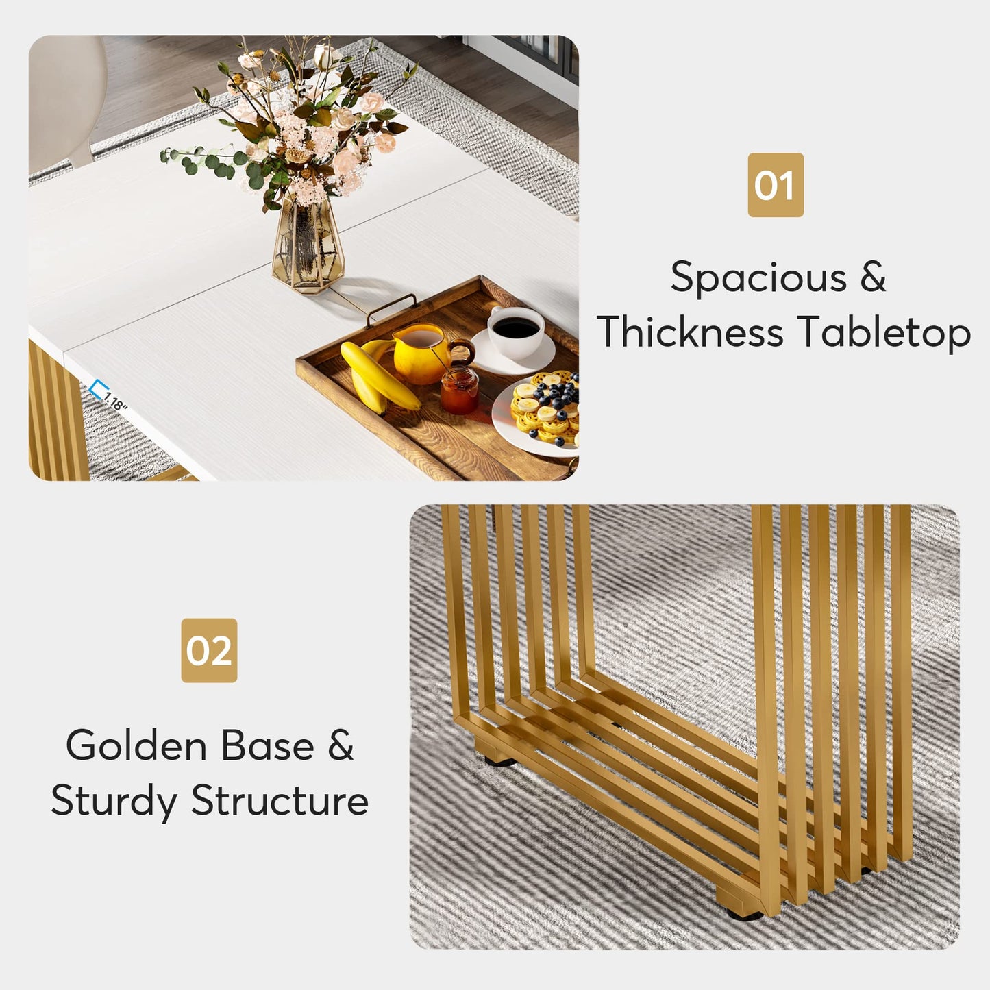 Tribesigns Moderner Esstisch für 6-8 Personen, 70,8 Zoll lang, weißer Esszimmertisch für Küche, Holz Küchentisch mit goldenen Metallbeinen, rechteckiger Esstisch für Esszimmer, Familientreffen