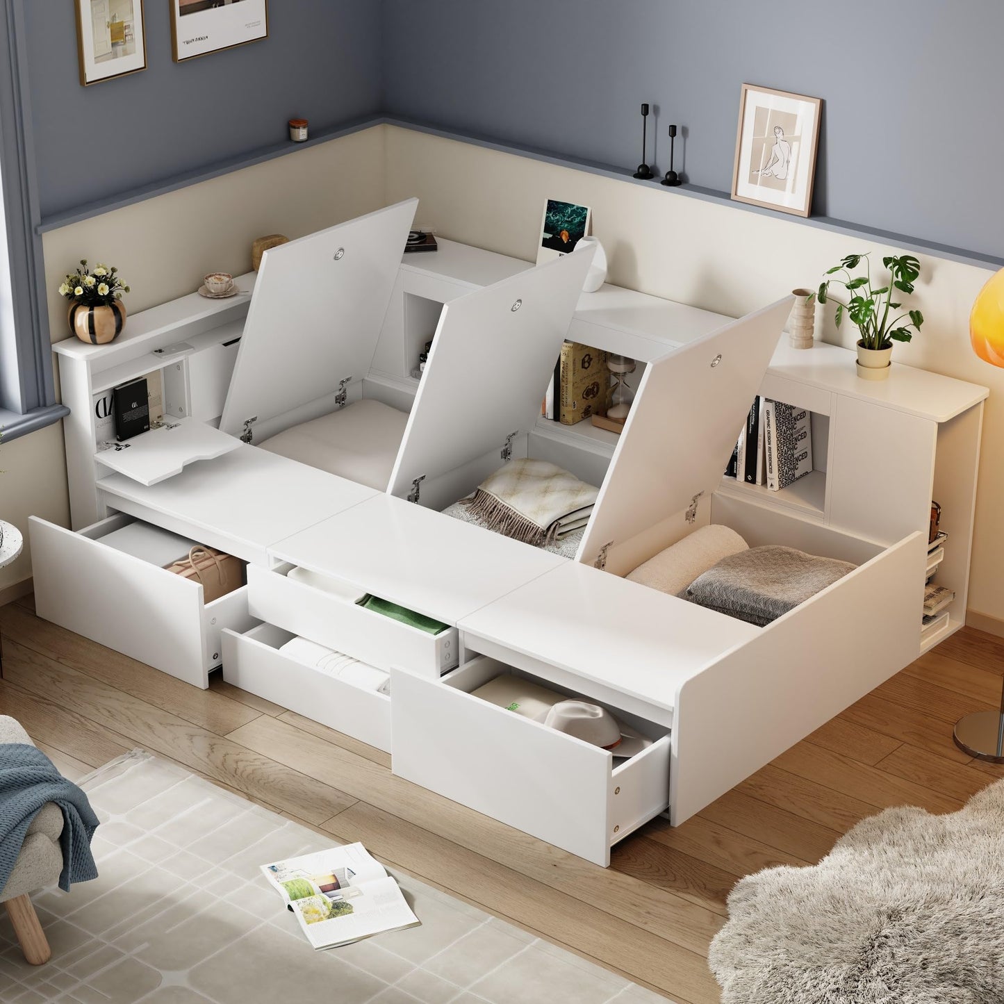 Children's Bed 90 x 200 cm, Wooden Bed with Drawers and Board, Headboard with Bookshelf and Fall Protection, Bed with Slatted Frame and Storage Space, Teenager's Bed, Functional Bed, Wooden Bed Frame,