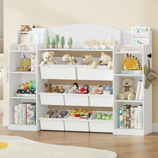 Hzuaneri KB43003W Children's Bookcase, Wooden Bookcase, Toy Shelf with 8 Fabric Drawers for Children's Room, Living Room, Study, White, 30 x 140 x 100 cm