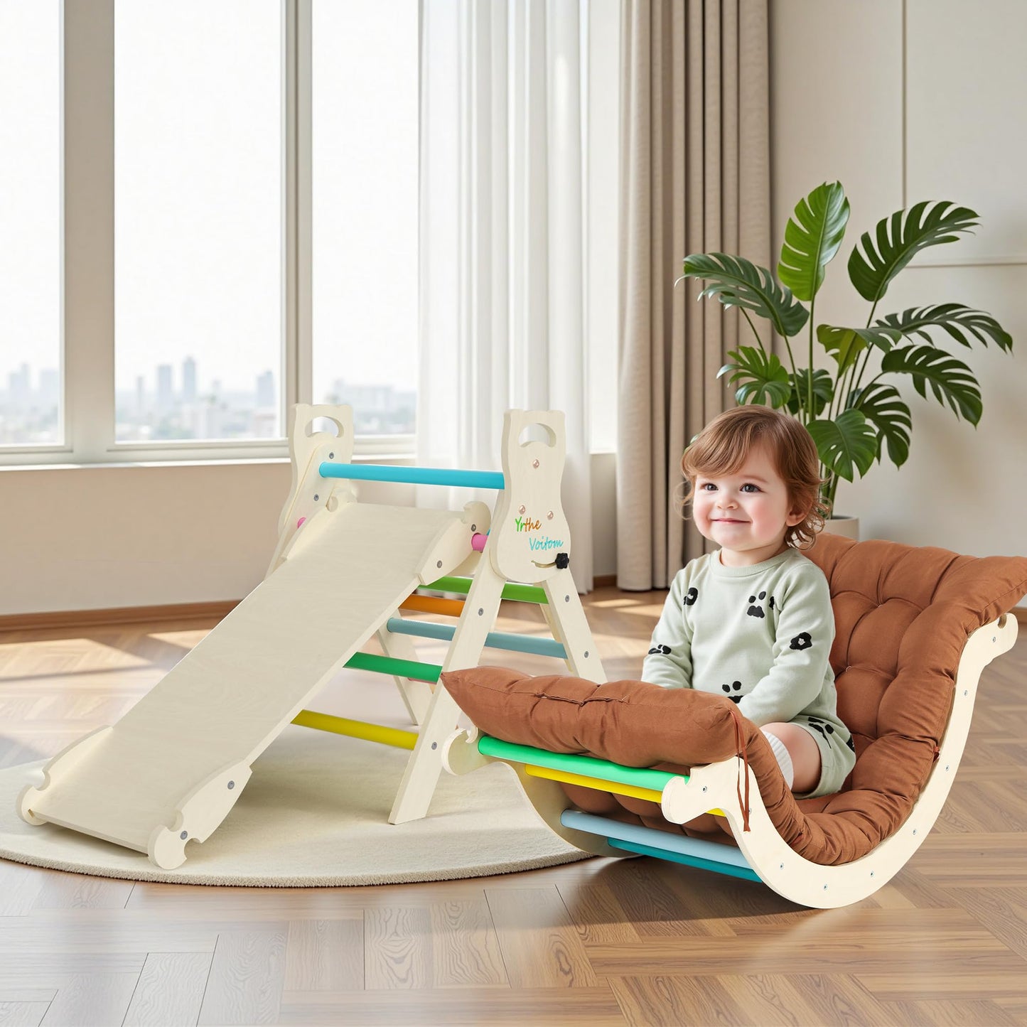 Yrthe Voitom Climbing Frame Indoor Gifts Boys Girls Montessori Toy from 1.5 2 3 4 + Years, Upgrade 7-in-1 Climbing Triangle with Slide, Climbing Arch, Cushion, Climbing Wall, Rainbow