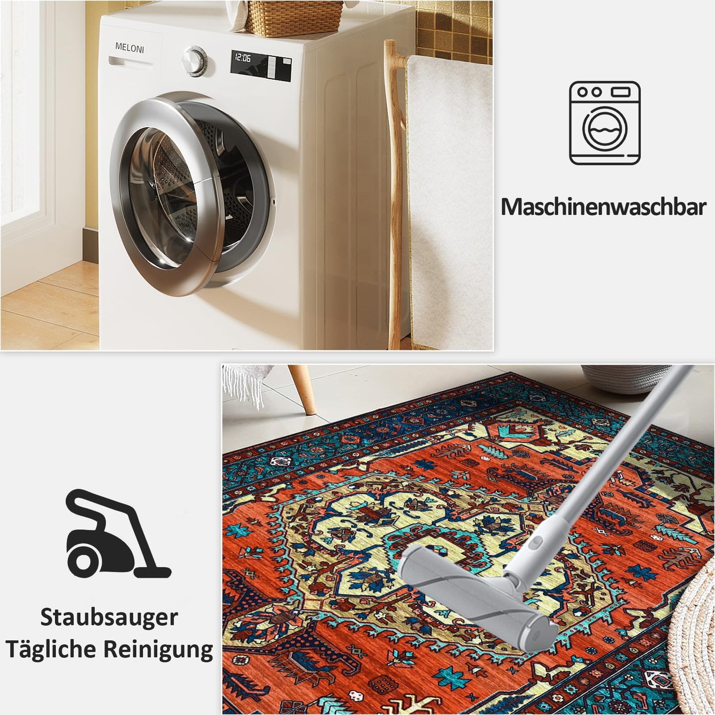 WONGS BEDDING Boho Rug Living Room Bedroom Short Pile Rugs Washable Soft Non-Slip Vintage Design