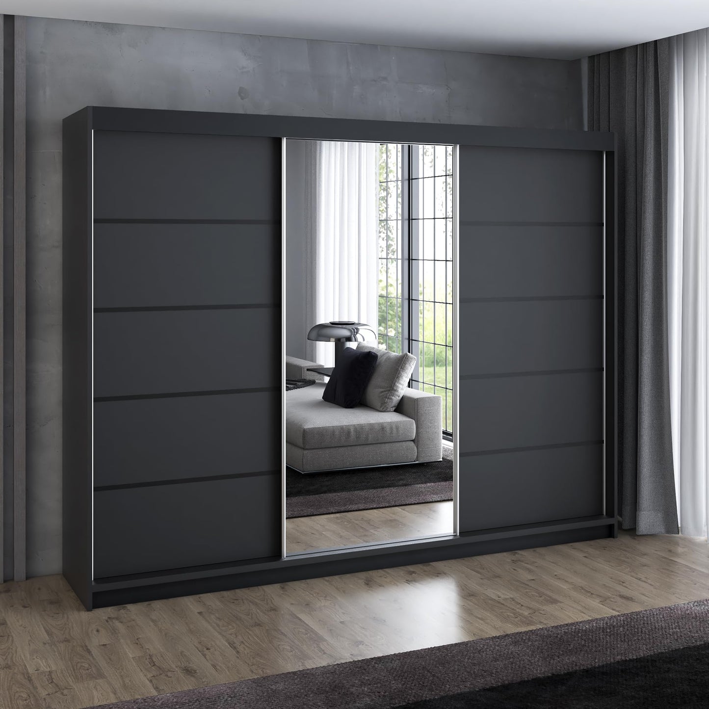 A&J MöbelLand Schwebetürenschrank VILANO 2, 3-türig Schrank 200 cm Kleiderschrank mit 4 Schubladen, und Spiegel (Weiß, Schwarz, Somona) (Schwarz/schwarz/schwarz)