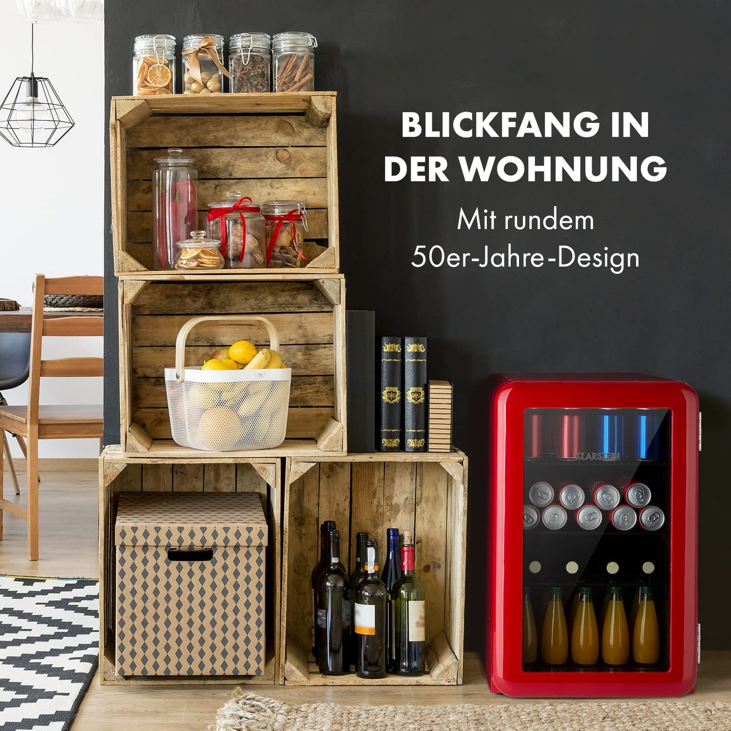 Klarstein PopLife Getränkekühler - Mini-Bar, Retrokühlschrank, 0-10°C, nur 39 dB, 115 L, umweltfreundlich, doppelt verglaste Tür, Retro-Design, rot