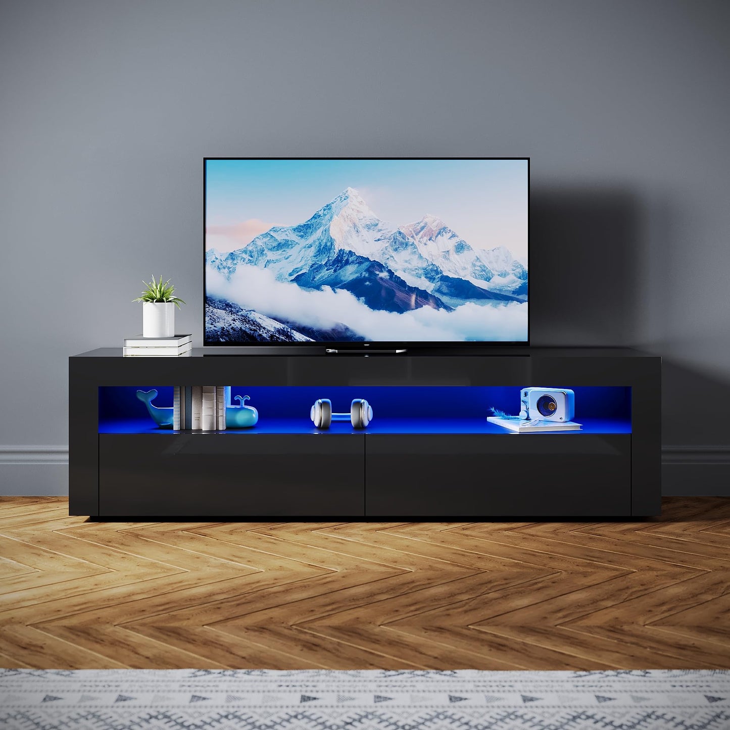 SONNI Modern TV Cabinet 180 cm, Lowboard High Gloss White with 16 Colours LED Lighting, Drawer, Open Glass Shelves, TV Stand for TVs up to 65 Inches, Living Room & Bedroom, 180 x 35 x 45 cm