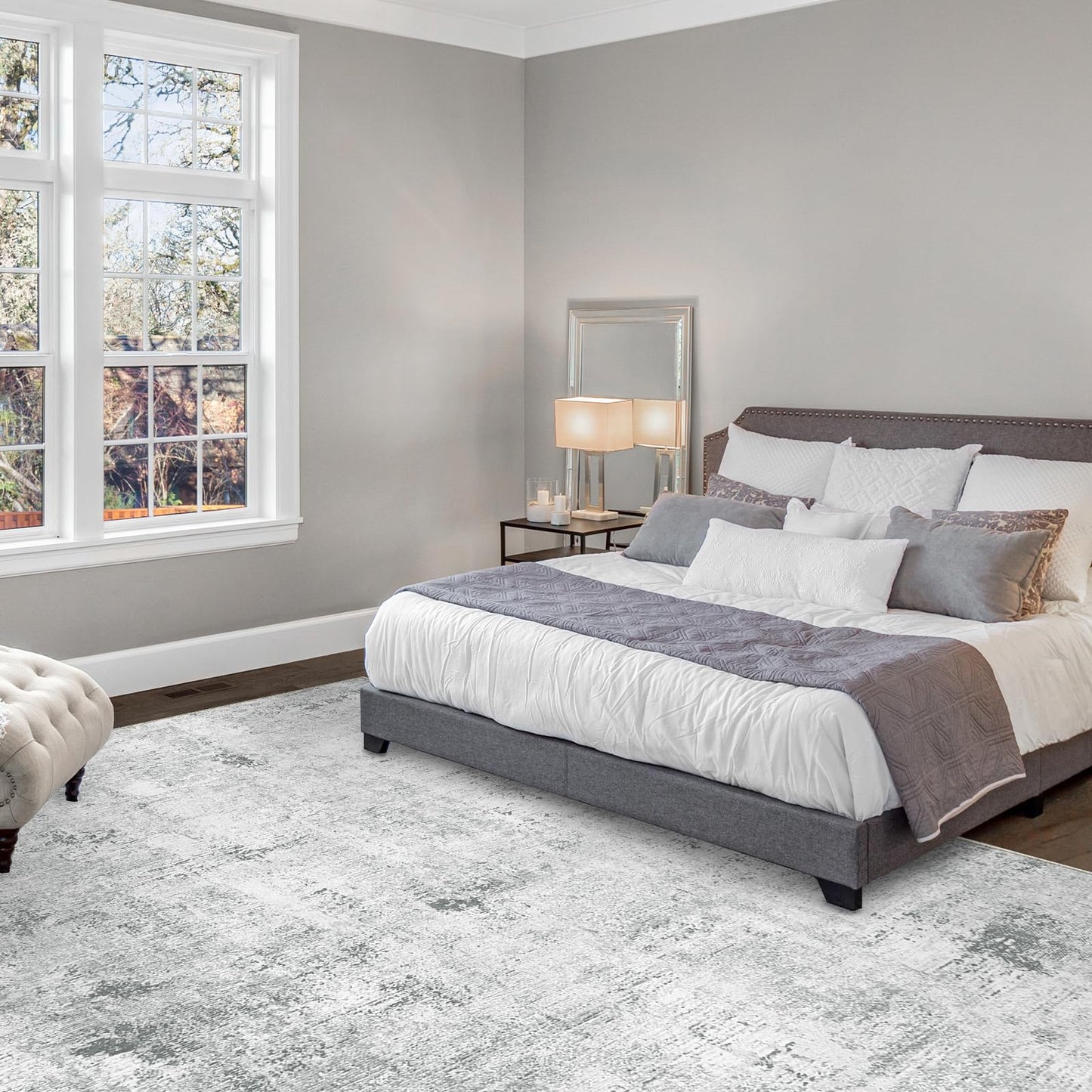 Guchuang Bedding Living Room Rug 140 x 200 cm, Grey Green Rug Vintage Mottled Smudged Design Short Pile Rugs, Washable Non-Slip Rugs for Bedroom