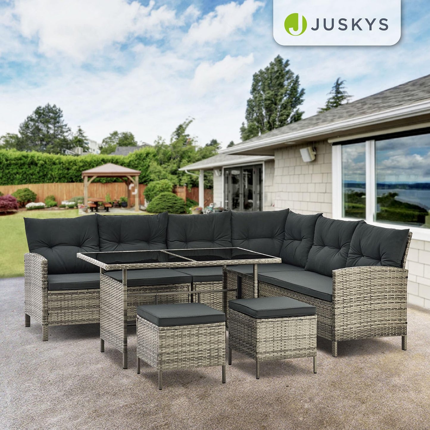 Juskys Polyrattan Lounge Manacor mit Ecksofa, Esstisch, 2 Hocker & Kissen - wetterfest bis 7 Personen - Bezüge waschbar - Rattan Garten Sitzgruppe Gartenlounge Gartenmöbel Set - Grau-meliert