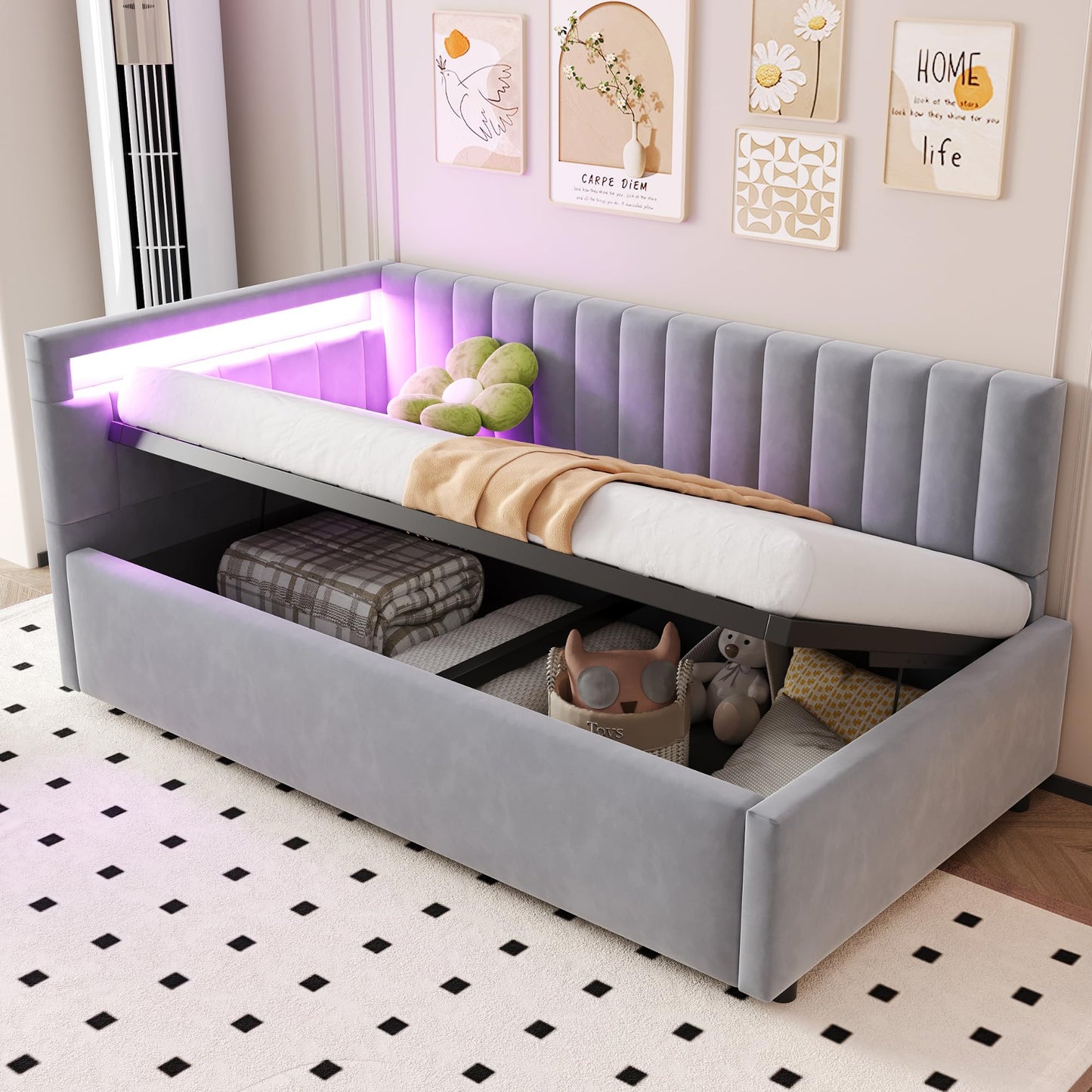 KEYIDE Upholstered Sofa Bed, 140 x 200 cm with LED Lighting and USB Charging, Bed Frame with Wooden Slatted Frame, Day Bed, Guest Bed, Youth Bed, Velvet Fabric, Without Mattress (Grey, 140 x 200)