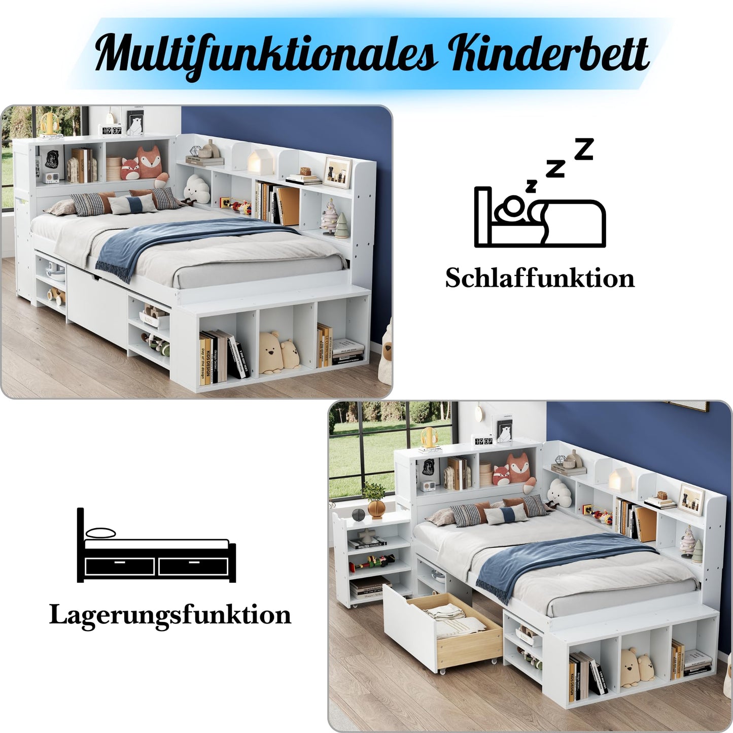 Children's Bed 90 x 200 cm, Wooden Bed with Drawers and Board, Headboard with Bookshelf and Fall Protection, Bed with Slatted Frame and Storage Space, Teenager's Bed, Functional Bed, Wooden Bed Frame,