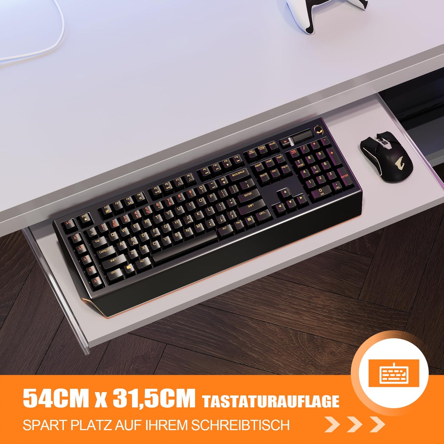 Flamaker Gaming Tisch l Form 140x140 cm - Eckschreibtisch mit RGB LED, Monitorständer & Ablagefach | 2 Steckdosen + 2 USB-Anschlüsse (Weiß)