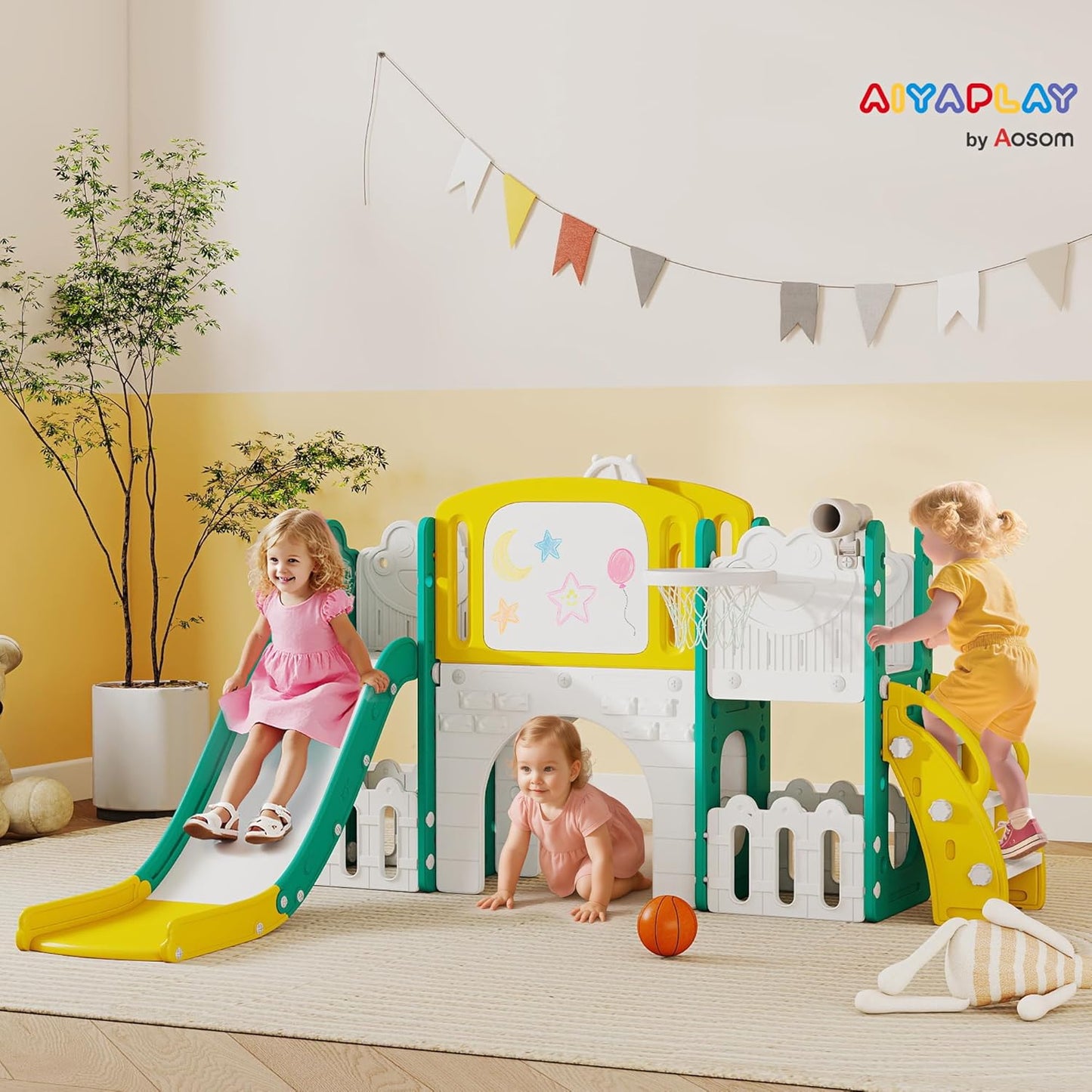 AIYAPLAY Children's Slide 7-in-1 Indoor and Outdoor Baby Slide with Basketball Hoop, Climbing Frame, Tunnel, Play Telescope, Storage Space, Drawing Board, Frog Motif Playground for Toddlers 1-3 Years