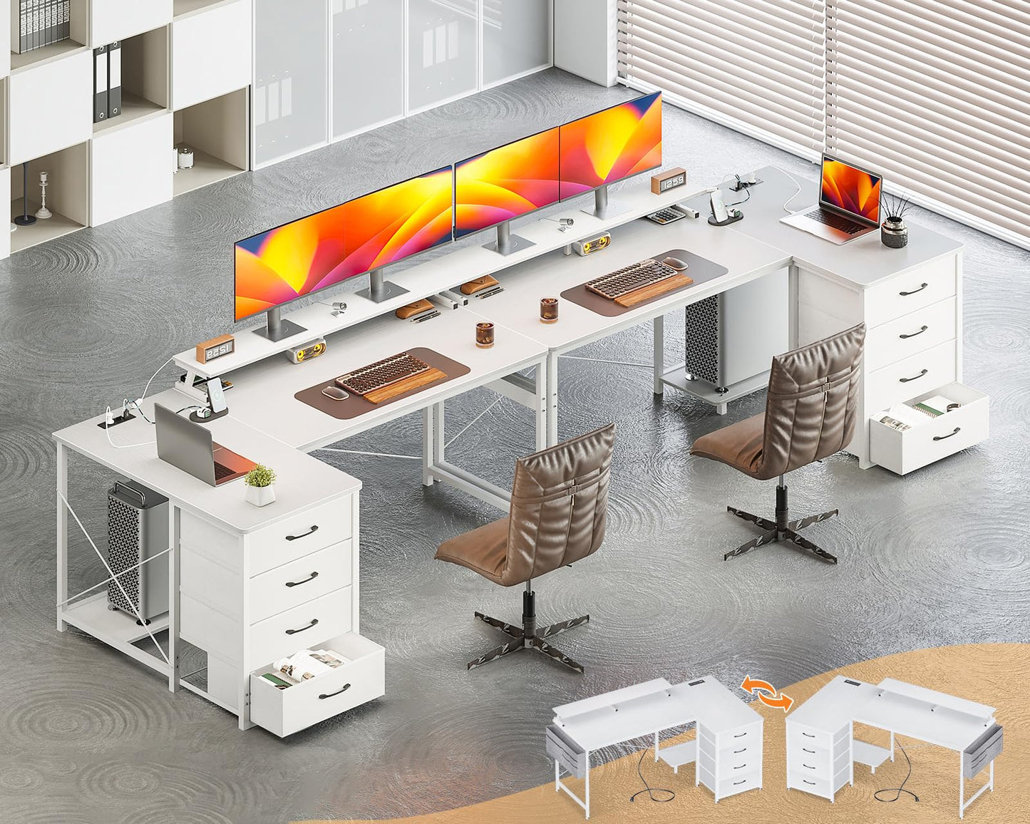 ODK Corner Desk with 4 Fabric Drawers, 140 x 80 cm, Desk L Shape Reversible with USB Charging Port and Socket, L Shaped Desk with Monitor Shelf for Home Office, White
