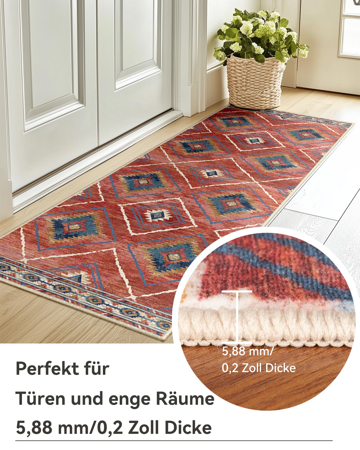 DEFYNEE Teppich Wohnzimmer 120 x 180 cm – Waschbarer Kurzflor Teppich, rutschfest, Vintage & Boho Stil, Pflegeleicht – Für Flur, Wohnzimmer, Schlafzimmer & Esszimmer, Dunkelblau