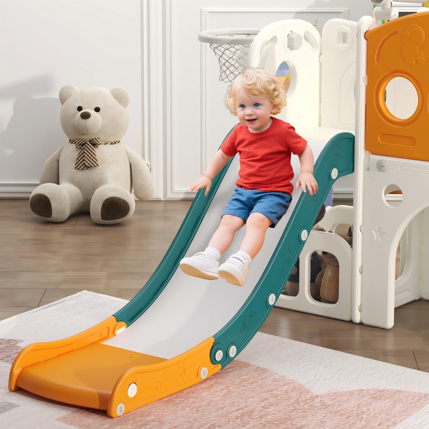 Hominewti Kinderrutsche, 8-in-1-Montessori Kinder Spielplatz mit Basketballkorb, Teleskop und Klettergerüst, Babyrutsche für Kleinkinder, Spielplatz für drinnen und draußen, Grün