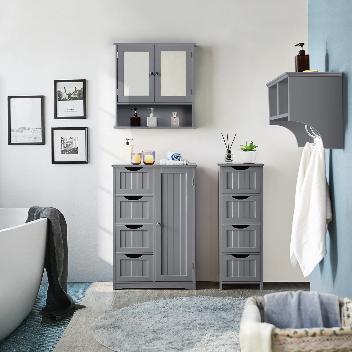 Yaheetech Bathroom Cabinet Floor Cabinet with 4 Drawers and 2 Doors Bathroom Cabinet Floor Cabinet with Height-Adjustable Shelf for Bathroom Living Room Hallway Kitchen White