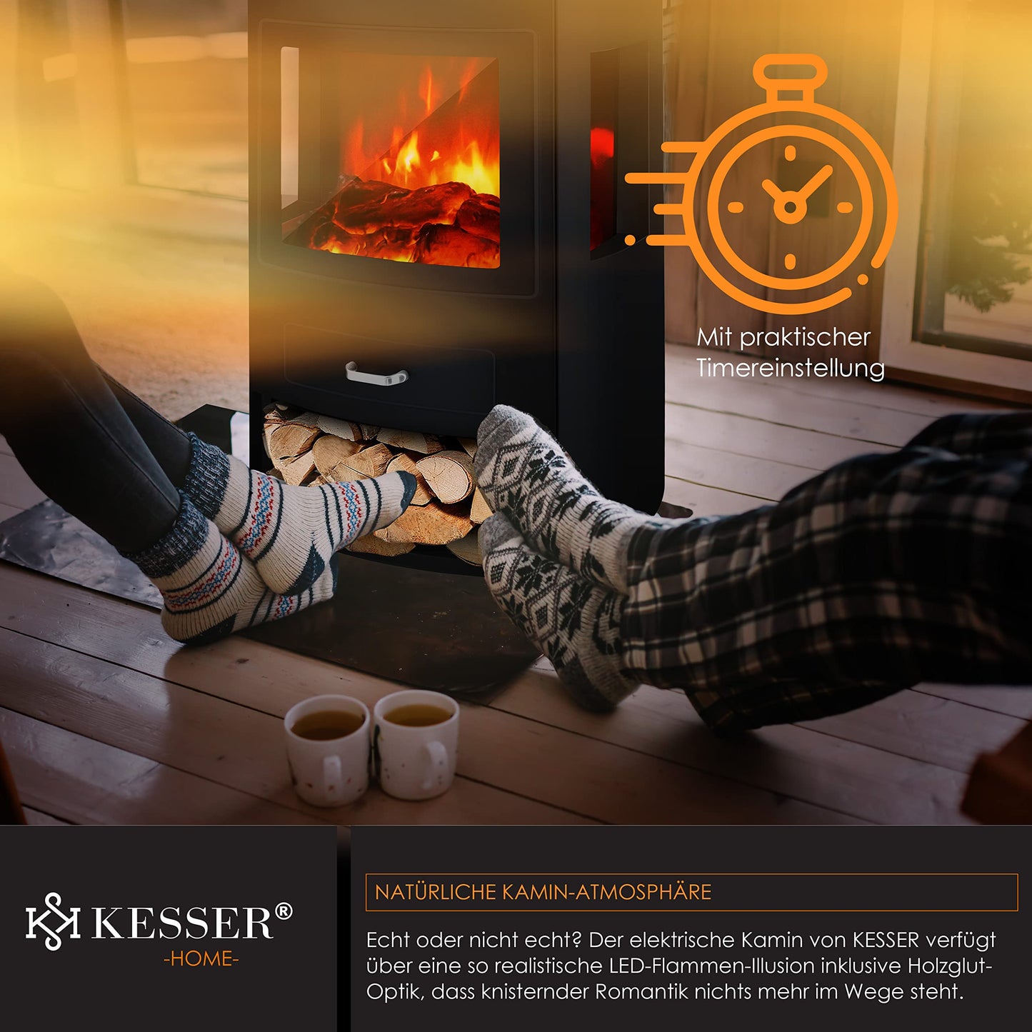 KESSER® Prio Electric Fireplace with Heater Fan Heater Remote Control 950/1900 W Fireplace Electric LED Flame Effect Fireplace Electric Fireplace with Thermostat 3-Piece Panoramic Viewing Window Heating Function Timer