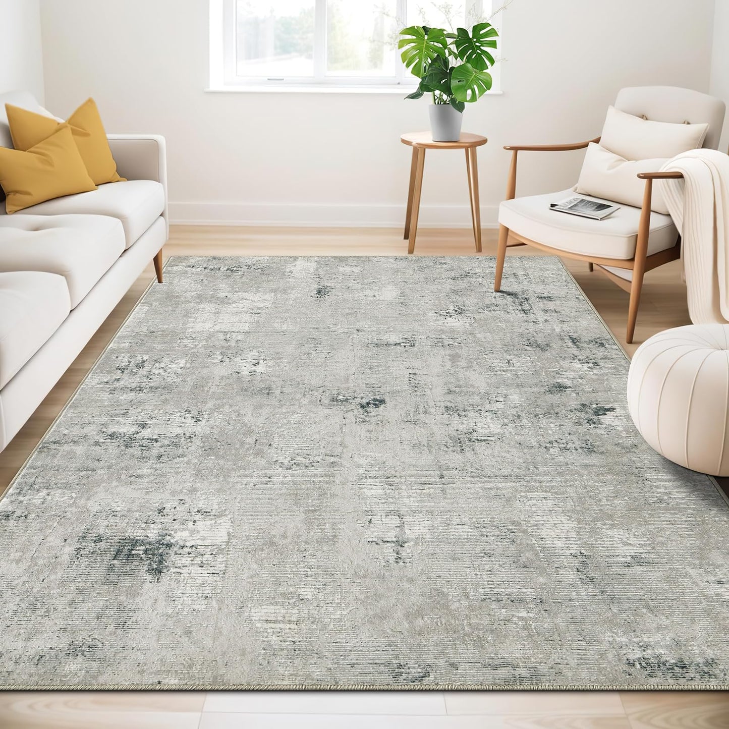 Guchuang Bedding Living Room Rug 140 x 200 cm, Grey Green Rug Vintage Mottled Smudged Design Short Pile Rugs, Washable Non-Slip Rugs for Bedroom