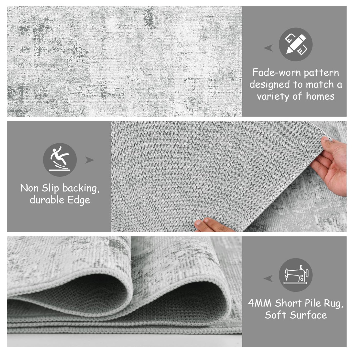 Guchuang Bedding Living Room Rug 140 x 200 cm, Grey Green Rug Vintage Mottled Smudged Design Short Pile Rugs, Washable Non-Slip Rugs for Bedroom