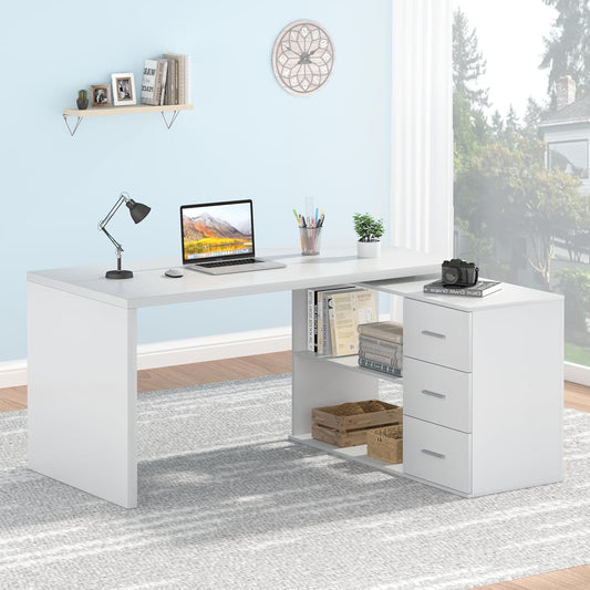 Mudmasa Schreibtisch Weiß Umkehrbarer Eckschreibtisch Computertisch Schreibtisch L Form mit Stauraum Bürotisch Eckschreibtisch mit 3 Schubladen und 2 Regalen für Büro Homeoffice 140x50x76 cm