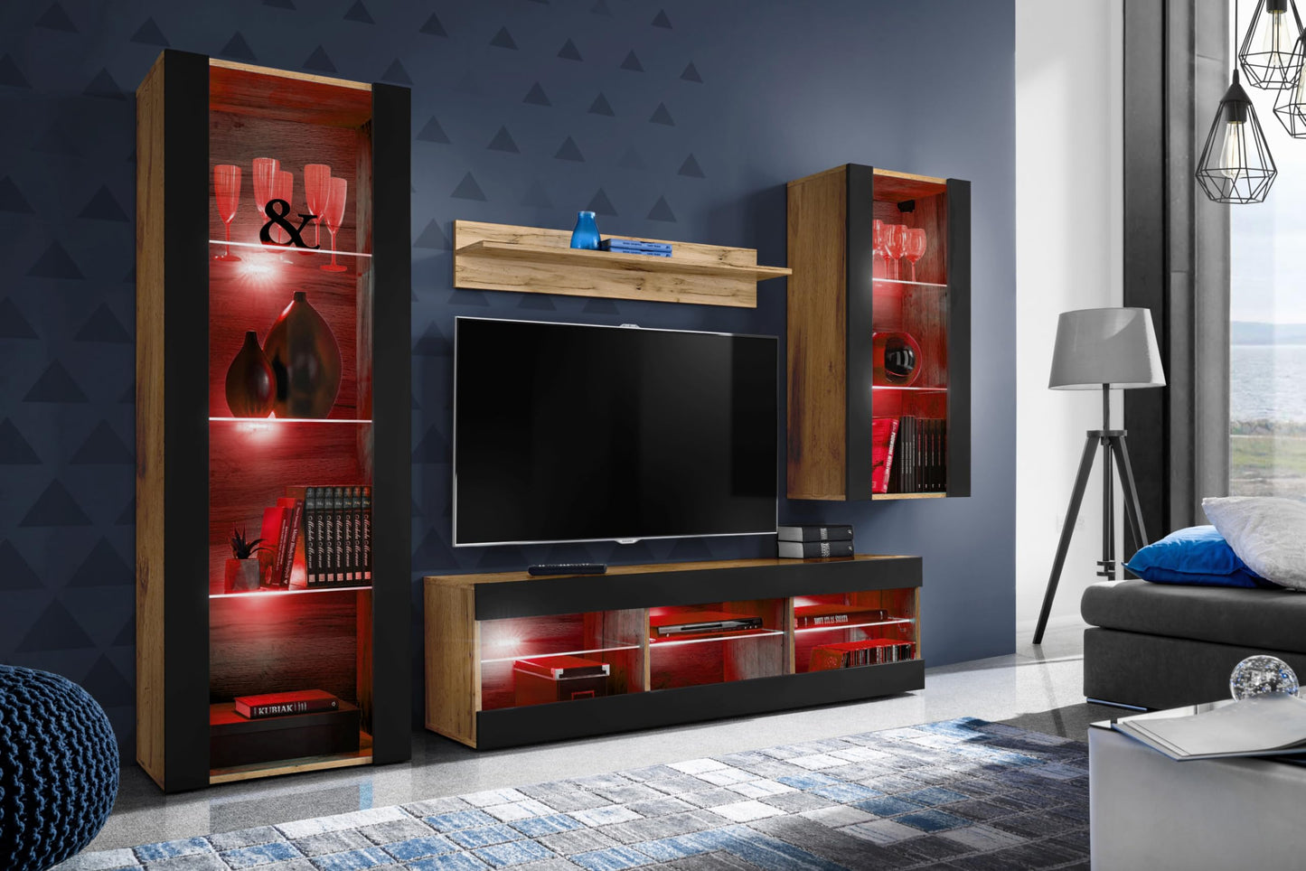 Komodee Tivoli Medio Wall Unit Living Room Set, Black/Black, Width 245 cm x Height 159 cm x Depth 35 cm, LED Blue, for Living Room, Bedroom