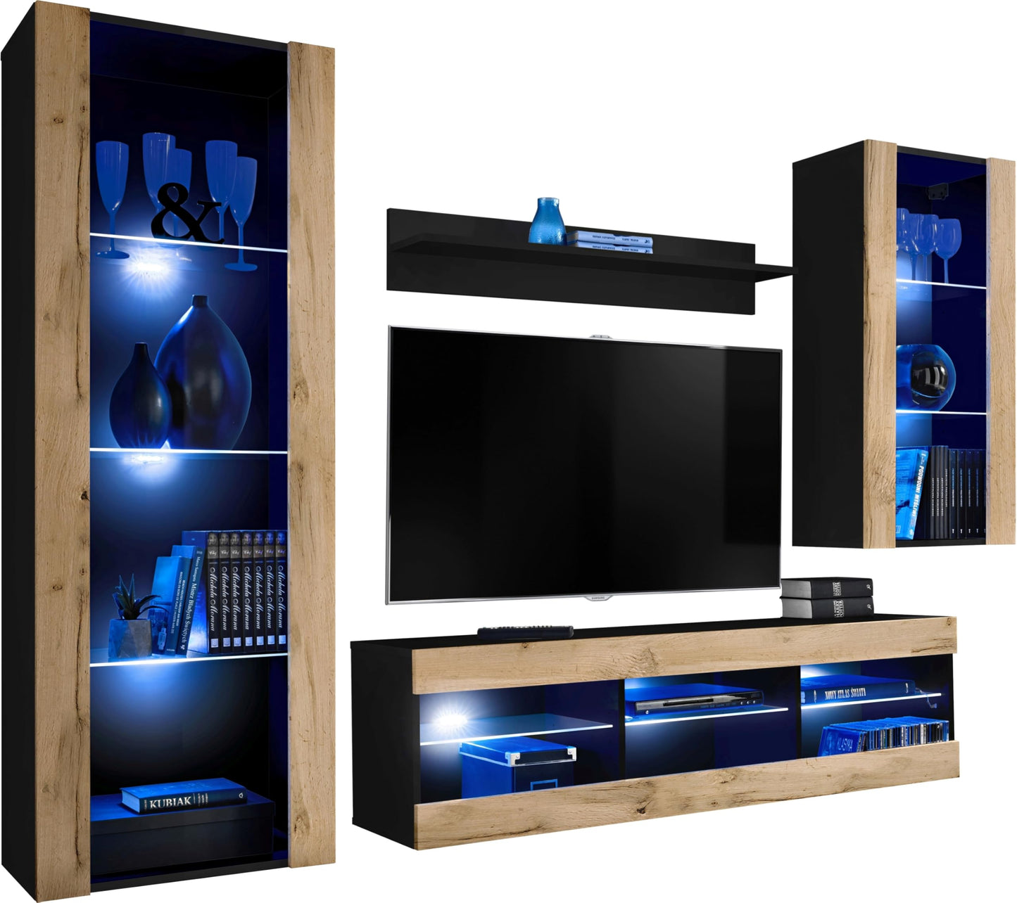 Komodee Tivoli Medio Wall Unit Living Room Set, Black/Black, Width 245 cm x Height 159 cm x Depth 35 cm, LED Blue, for Living Room, Bedroom