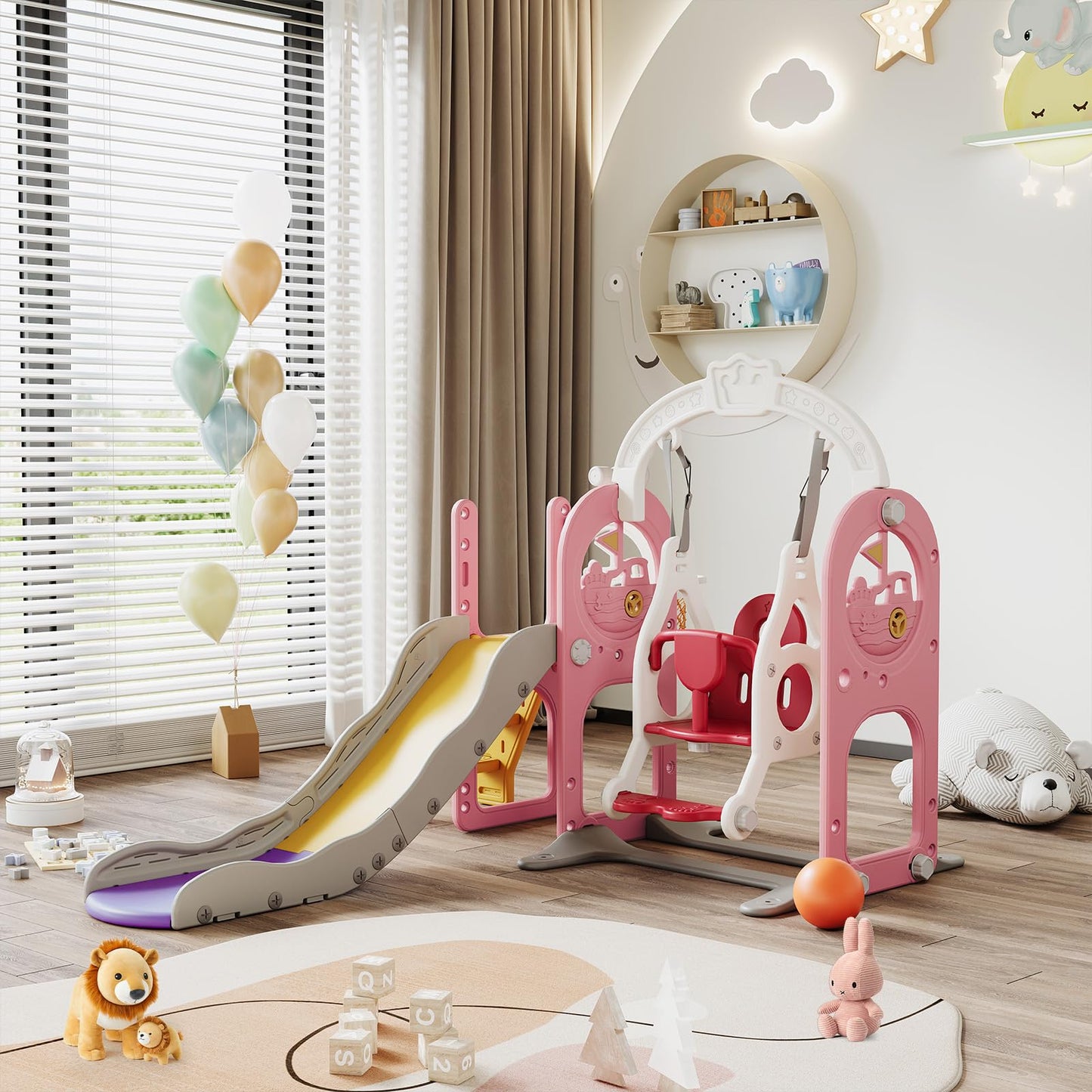 DADEA 6 in 1 Kinderrutsche mit Korb, Rutsche und Schaukel für Kinder im Freien Grün, 150 × 150 × 115 cm, Babyschaukel und Rutsche für Kinder zu Hause Schaukel Kinderrutsche, Grün