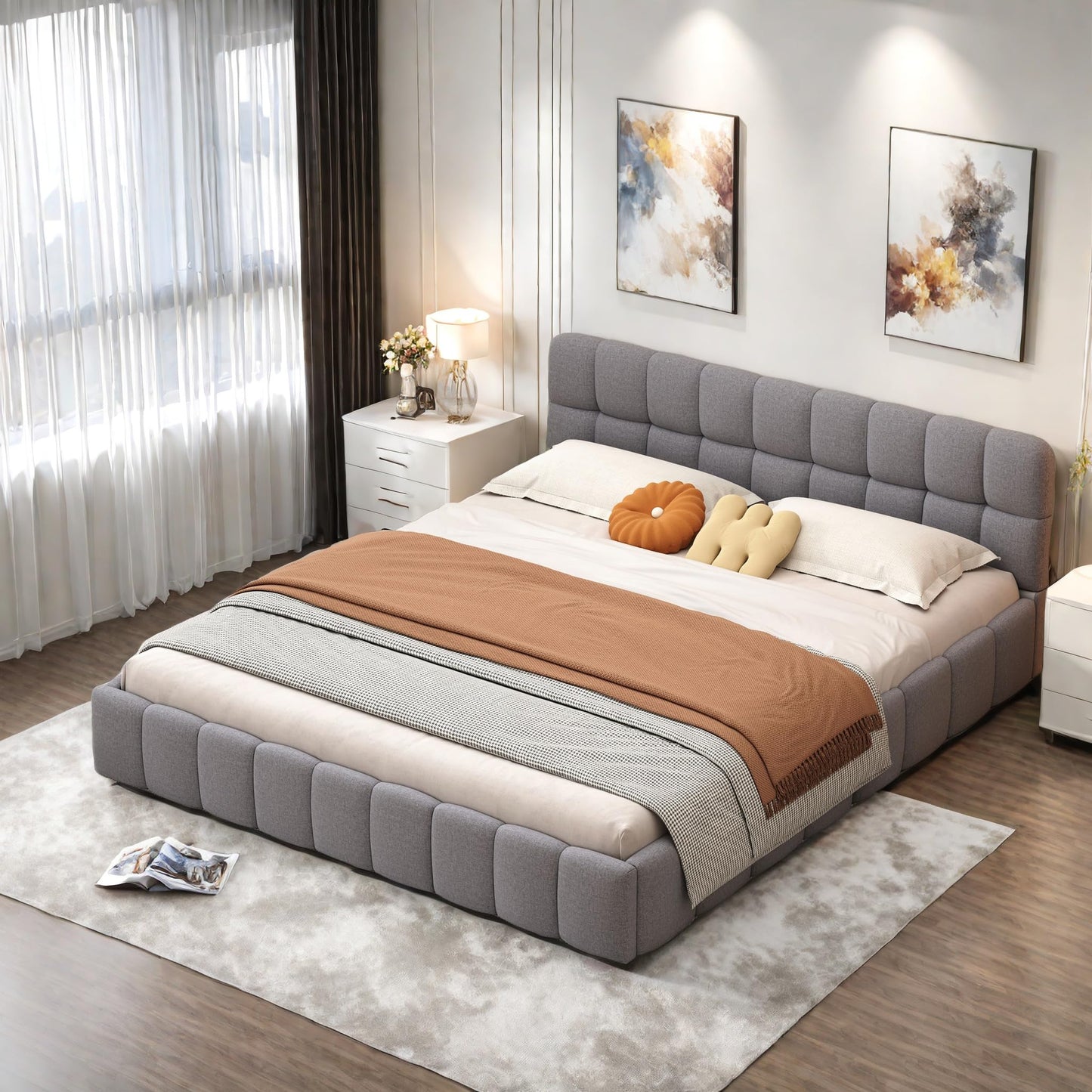 DULRLLY Bubble Bett Polsterbett 140x200 cm,Doppelbett mit Lattenrost, Jugendbett mit Gepolstertes Kopfteil, Gepolstertes Bett für Schlafzimmer und Gästezimmer,ohne Matratze, Leinenstoff (Weiß)