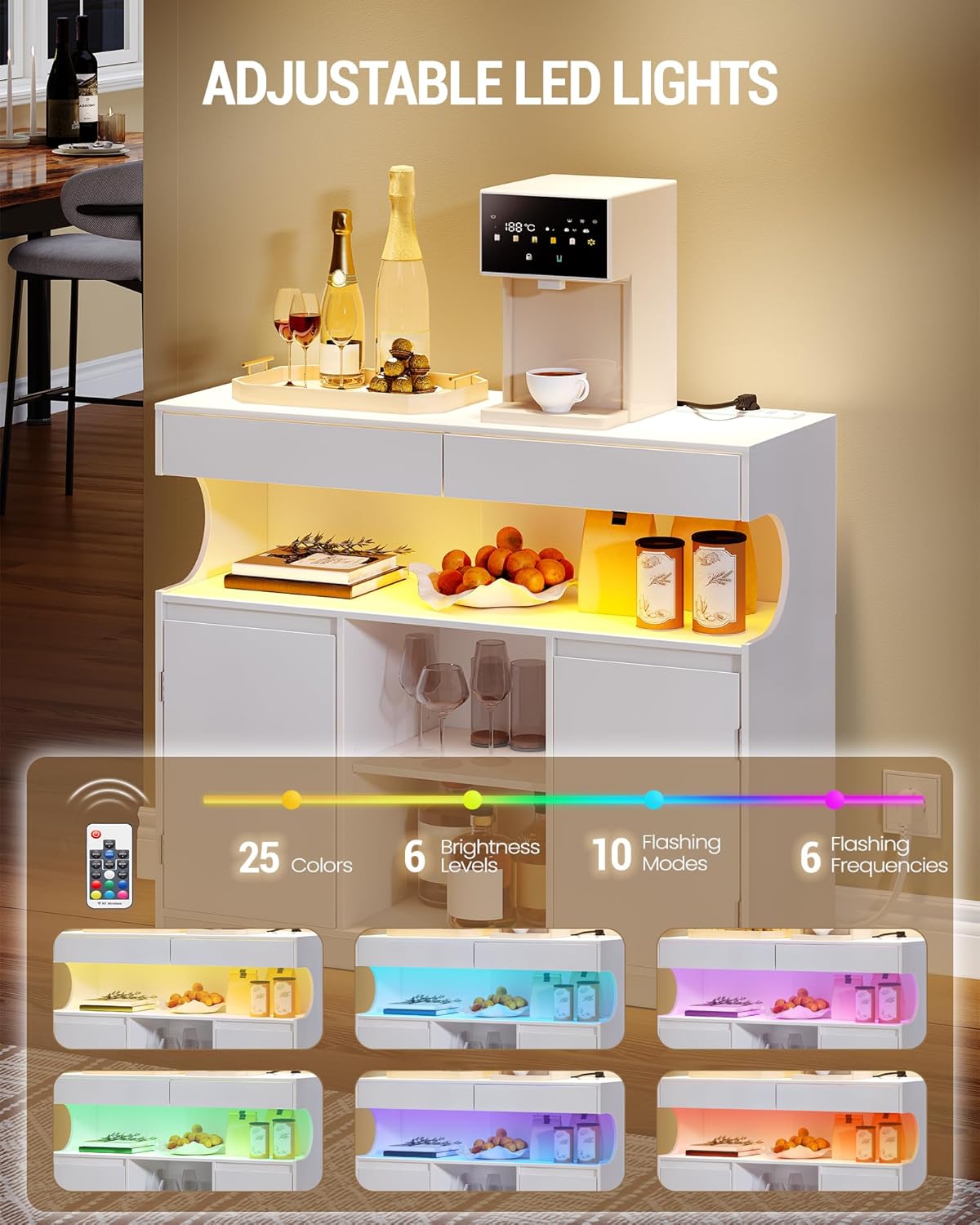 Hzuaneri SC64903X Sideboard, Kitchen Cabinet with Power Strip and LED Light, Storage Cabinet, 2 Drawers and 2 Doors, Adjustable Shelves, Buffet Cabinet, Dining Room, Kitchen, 35 x 100 x 85 cm, White