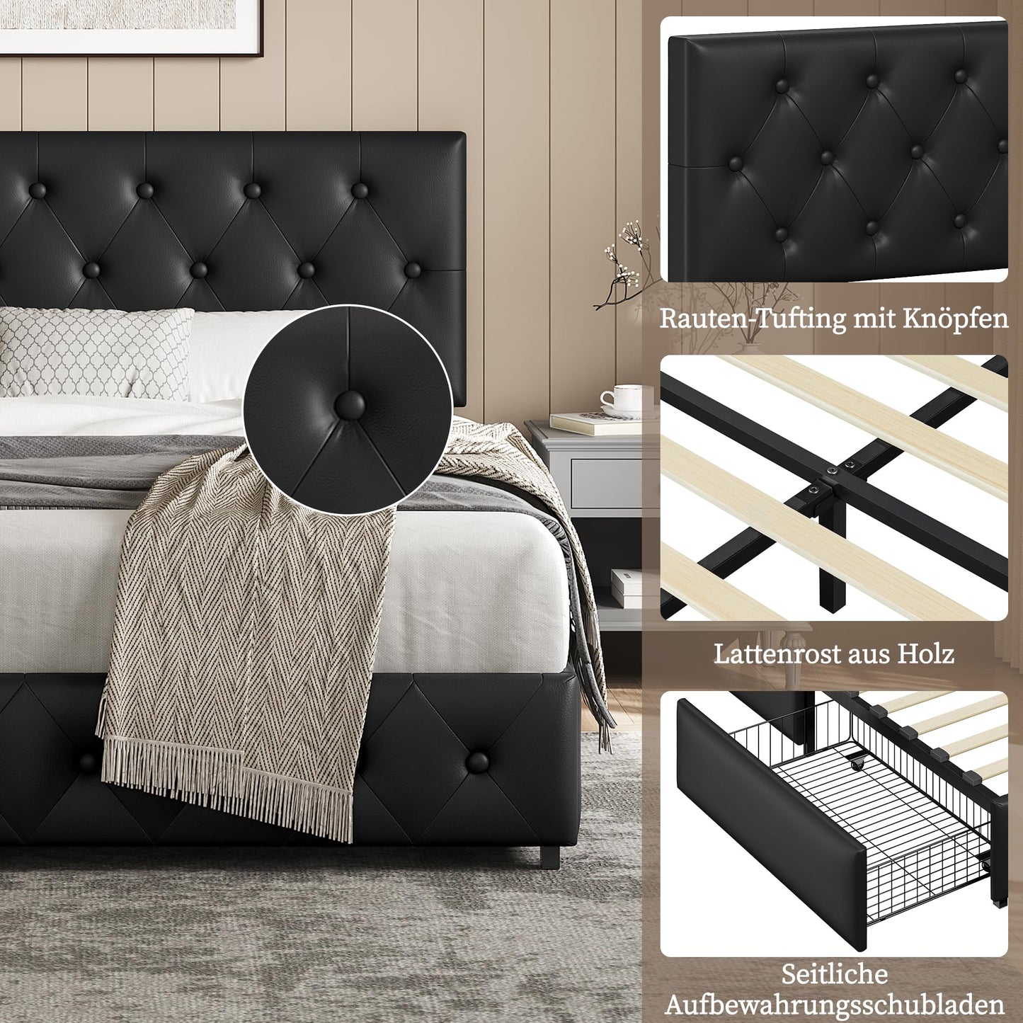 Yaheetech Polsterbett 140 x 200 cm Doppelbett Bettrahmen mit 2 Schubladen höhenverstellbares Kopfteil Gepolstertes Bett mit Lattenrost viel Stauraum, Schwarz