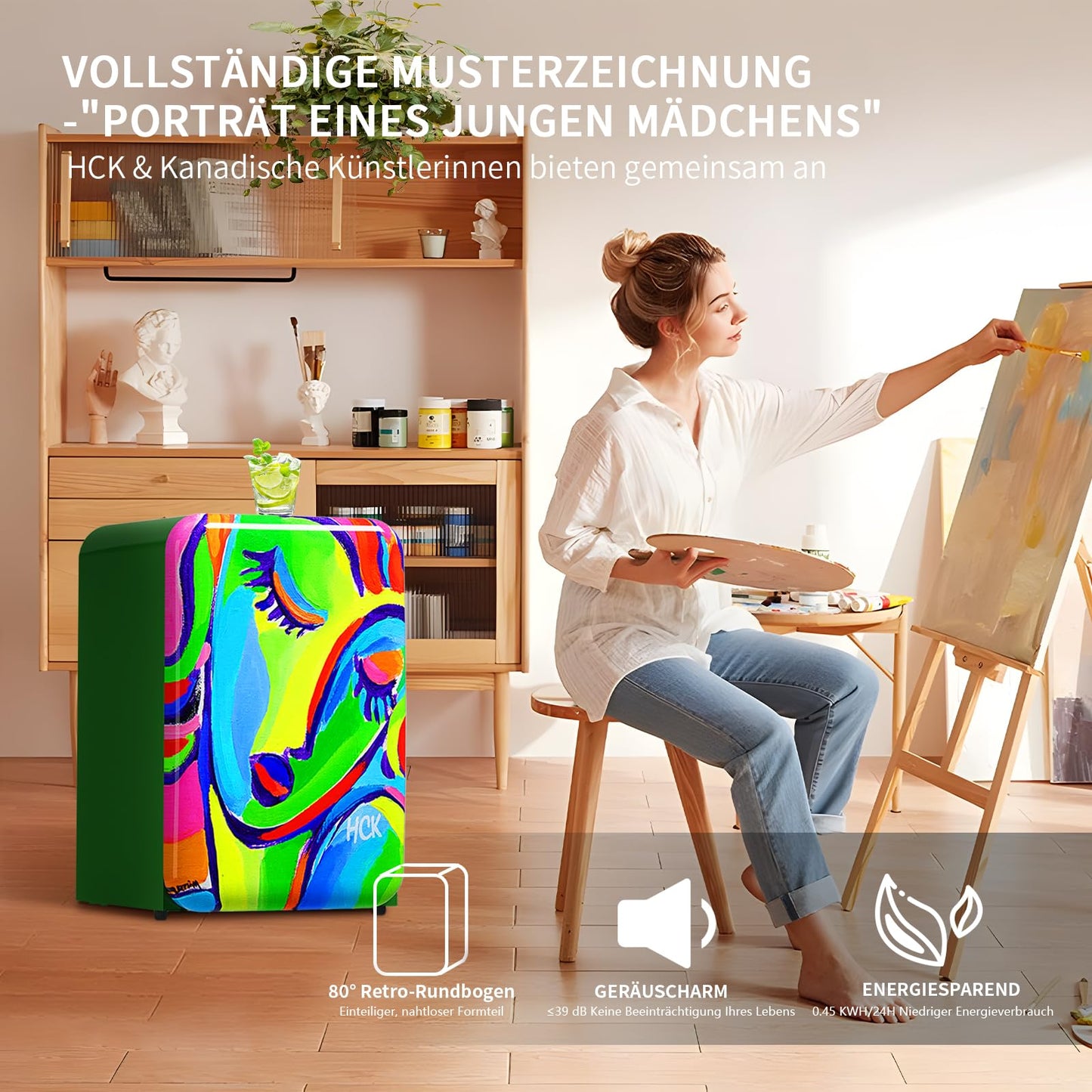 HCK 107L Retro Kühl-Gefrier-Kombinationen, Freistehender Kompakt Mini Kühlschrank mit Künstlerischer Bemalung, Einstellbarer Thermostat:0~10°C Kühlschrank und -25~-15°C Oberer Gefrierschrank Für Home