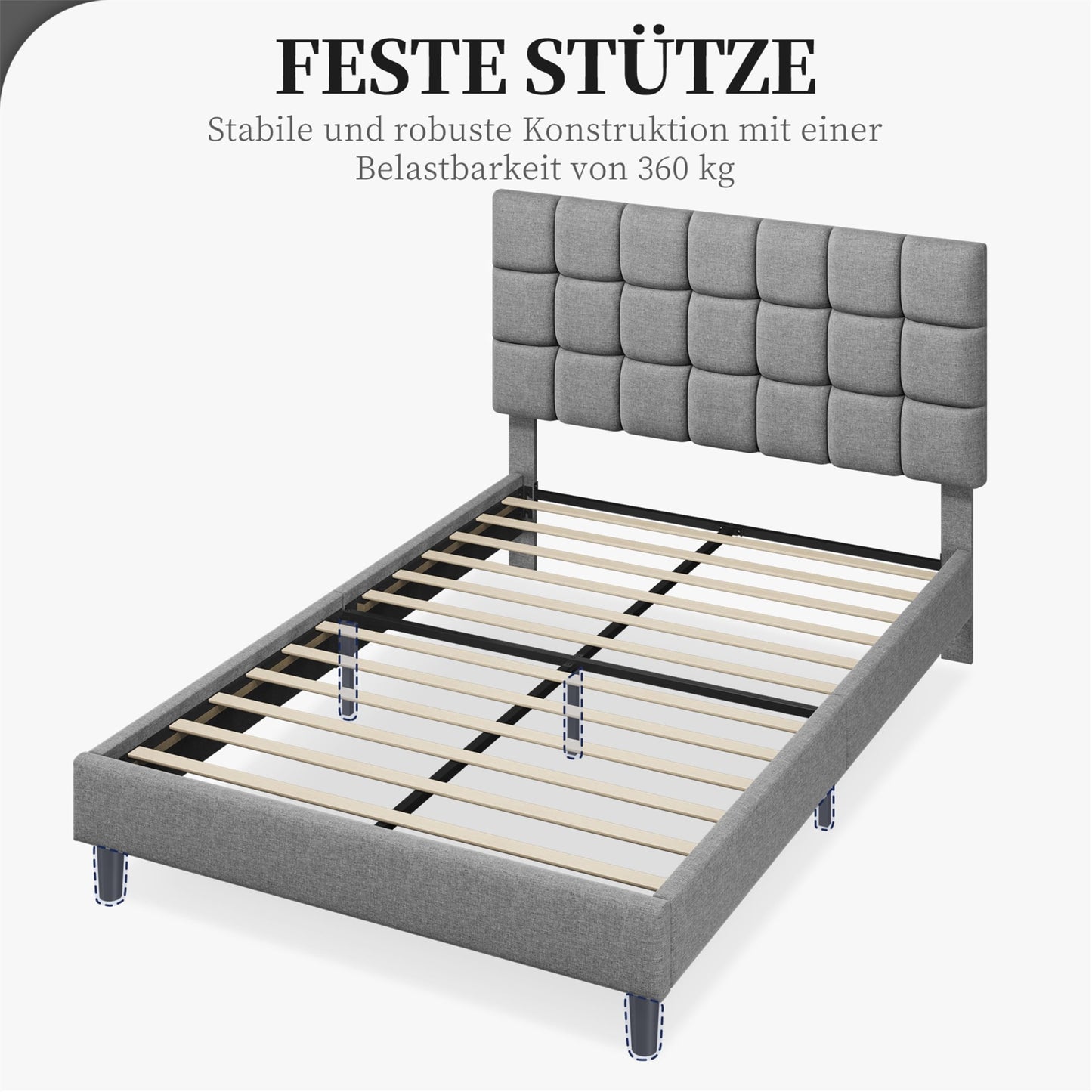 Yaheetech Upholstered Bed 140 x 200 cm Double Bed with Height-Adjustable Headboard, Sturdy Bed Frame, Fabric Bed with Slatted Frame, Padded Bed Frame, Youth Bed, Dark Grey