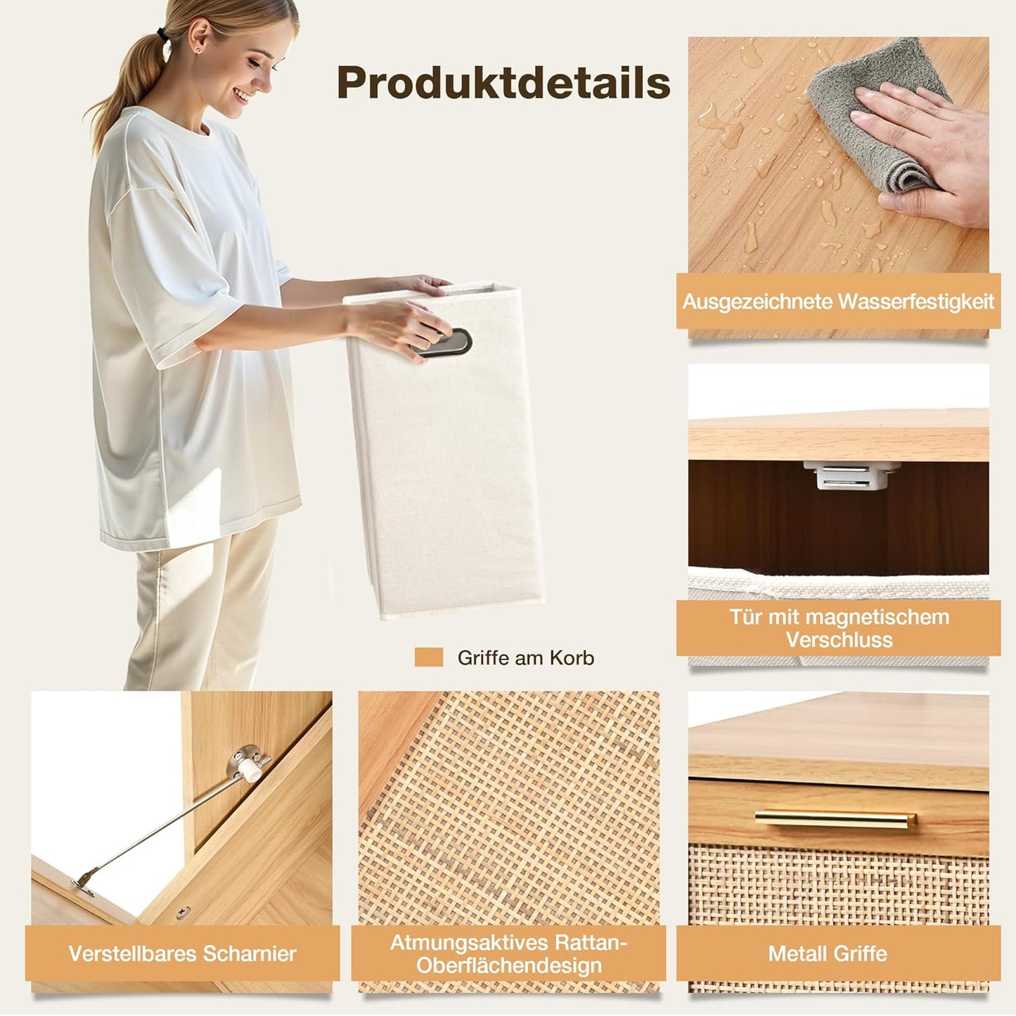 Pamapic Wäscheschrank mit 2 Abnehmbaren Wäschekörben, Magnetverschluss & Echtes Rattan-Design, Badschrank mit Wäschekorb, Wäschekorb Schrank Kippschutz, 66 x 39,5 x 68 cm, Holzfarbe