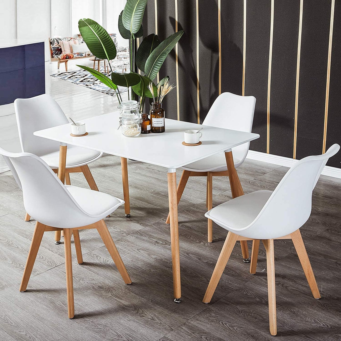 H.J WeDoo Esszimmergruppe mit 4 Essstühlen, Rechteckig Esstisch und Stühle für Esszimmer, Küche, Wohnzimmer, Weißer Esstisch und Graue Stühle
