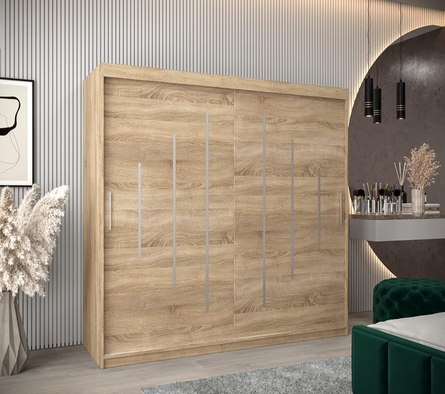 Kryspol Schwebetürenschrank York 250 cm Kleiderschrank mit Kleiderstange und Einlegeboden Schlafzimmer- Wohnzimmerschrank Schiebetüren Modern Design (Weiß)