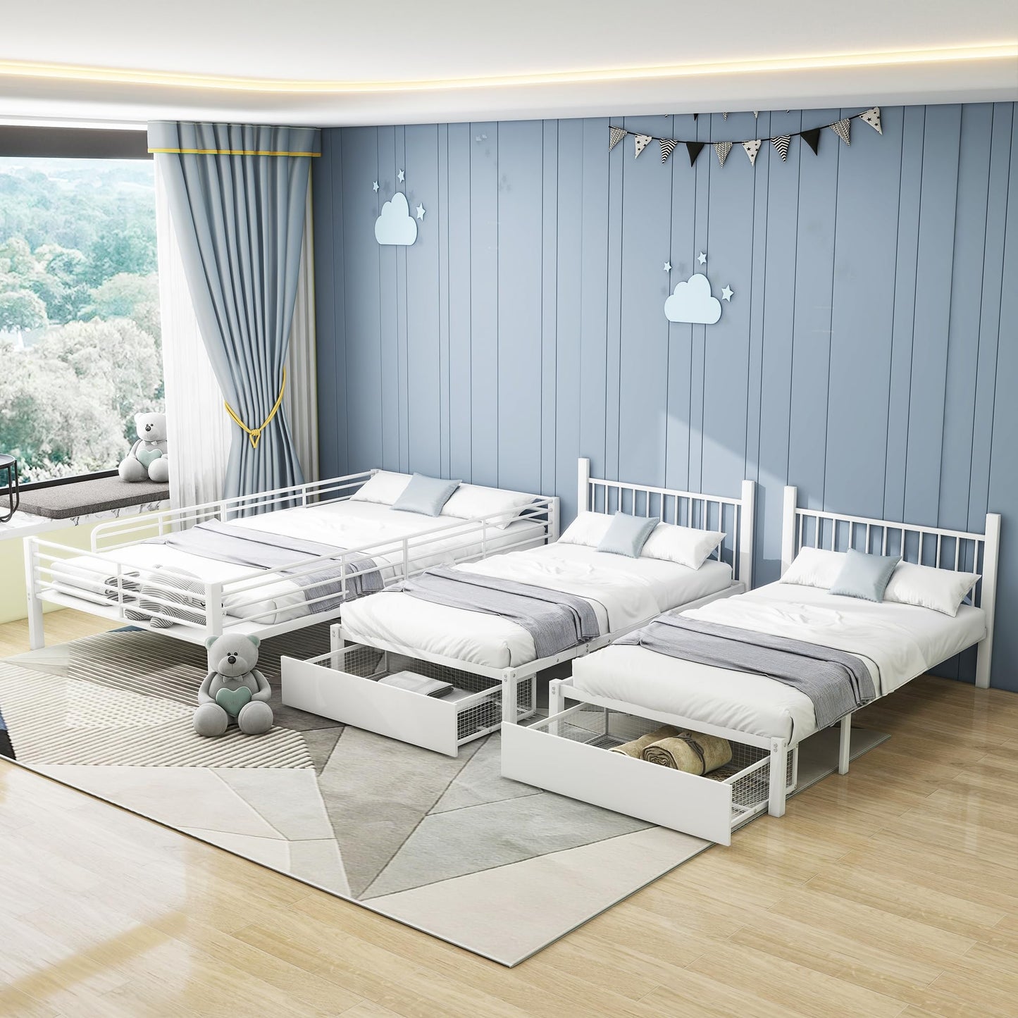 Merax Hausbett 90x200 cm mit 2 Schubladen, für 2 Kinder Doppelbett, Vielseitiges Holz Baumhausbett für Mädchen & Jungen, Stabil Spielbett Gitterbett mit Rausfallschutz und Lattenrost, Weiß