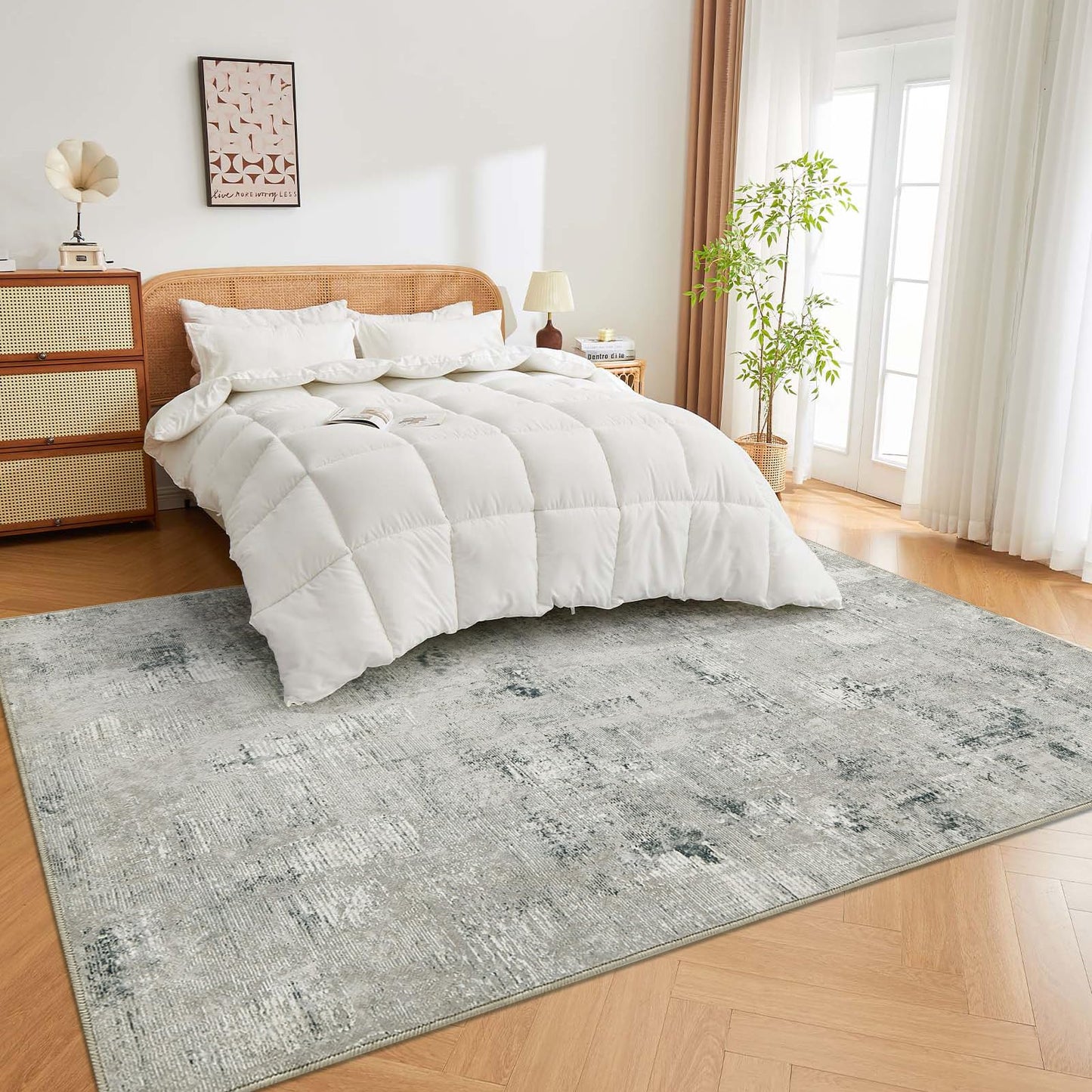 Guchuang Bedding Living Room Rug 140 x 200 cm, Grey Green Rug Vintage Mottled Smudged Design Short Pile Rugs, Washable Non-Slip Rugs for Bedroom