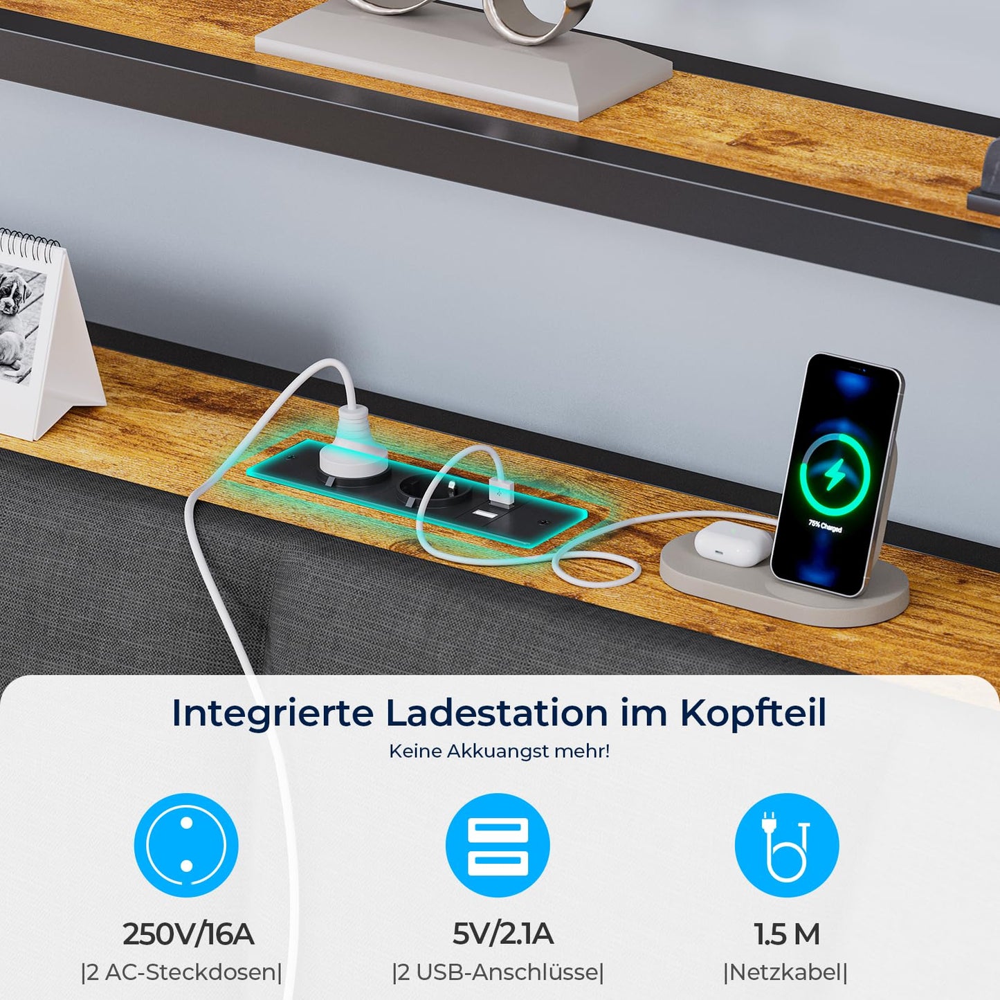 Brinlawb Bed 140 x 200 cm with Metal Slatted Frame, Bed Frame 140 x 200 cm with LED Lighting and Charging Station (2 AC Sockets & 2 USB Ports), Double Bed with 2 Large Drawers, Grey
