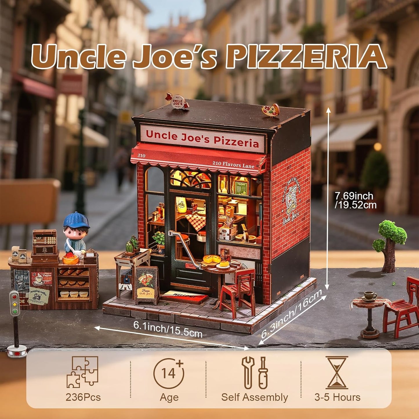 Fsolis Book Nook Kit - DIY Häuser Bausatz mit LED Beleuchtung - Retro Miniatur Bücherregal Deko Jugendliche und Erwachsene(Uncle Joe's Pizzeria)