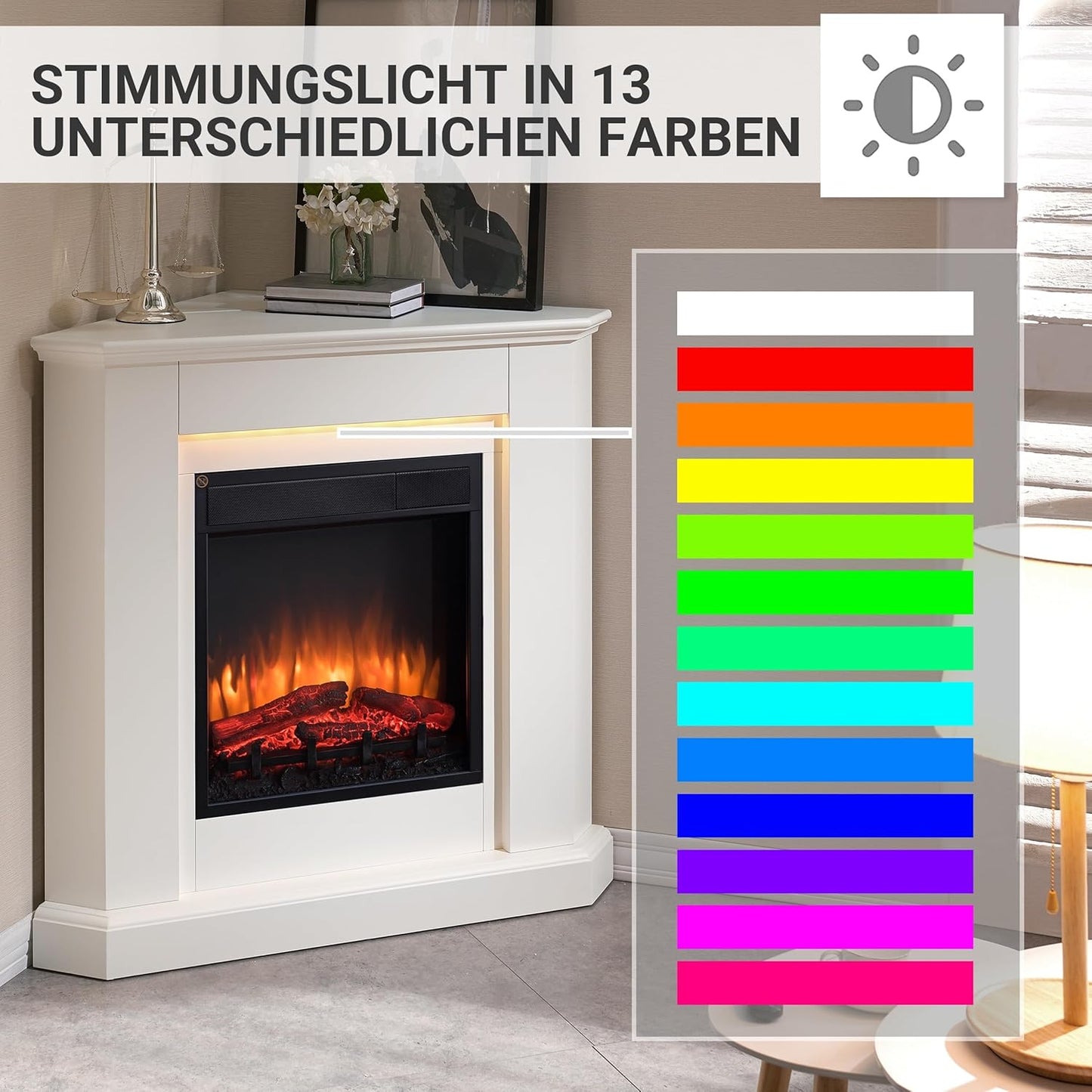 BALDERIA Elektrokamin Candela | Elektrischer Eckkamin mit 3D-Flammeneffekt | Elektro Heizung 2000W, LED-Beleuchtung, Fernbedienung, Timer & Thermostat | Weiß