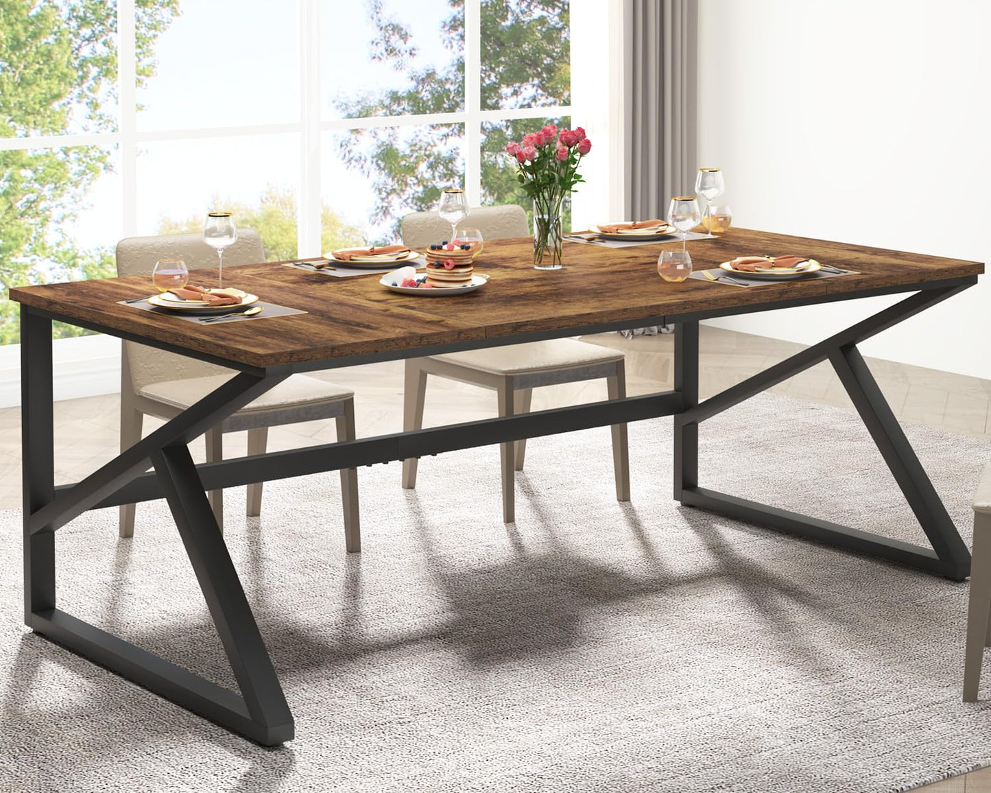 IBF Desk in Brown Colour with a Length of 70 Inches, Industrial Large Double Metal and Wood Desk for Computer, Long Office Table for Home