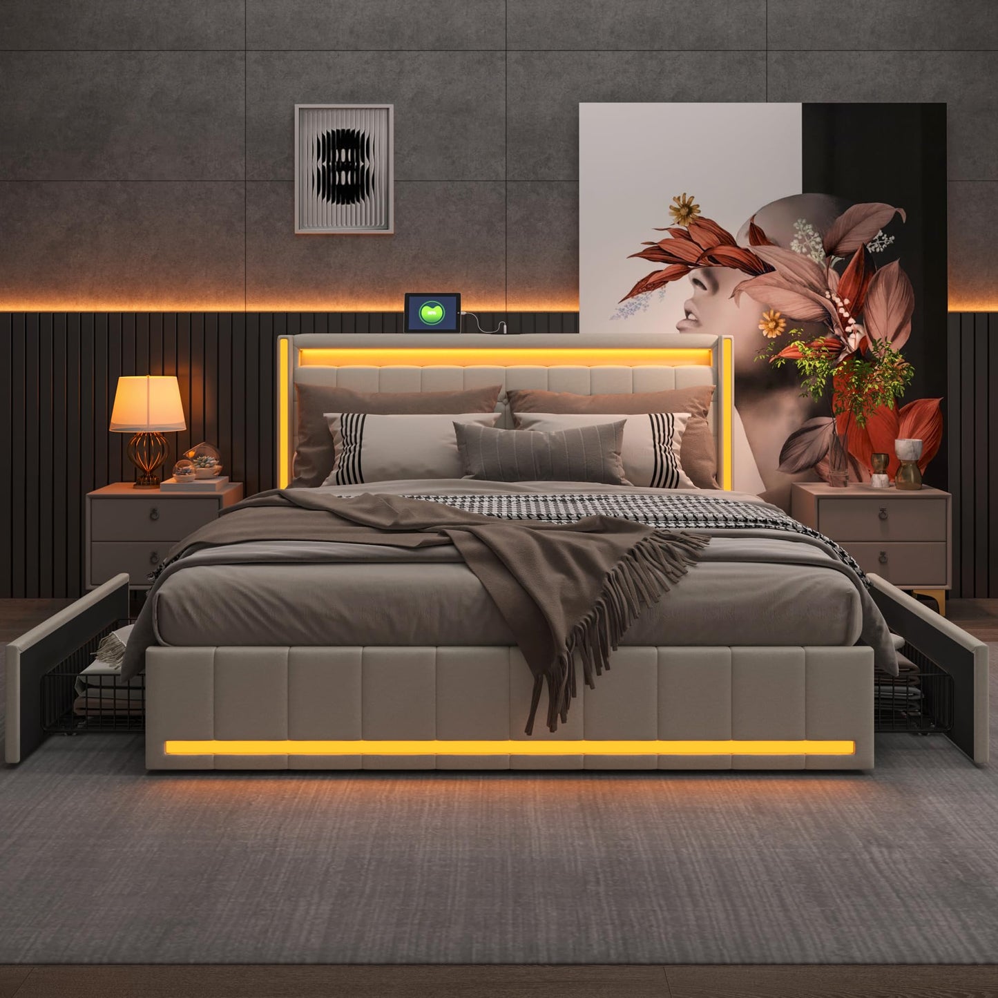 KeepGoon Doppelbett 140 x 200 cm,Polsterbett mit LED-Leuchten, 4 Eisenschubladen und einem USB Ladeanschluss,Stauraumbetten Bettgestell,Leinenstoff (Beige)