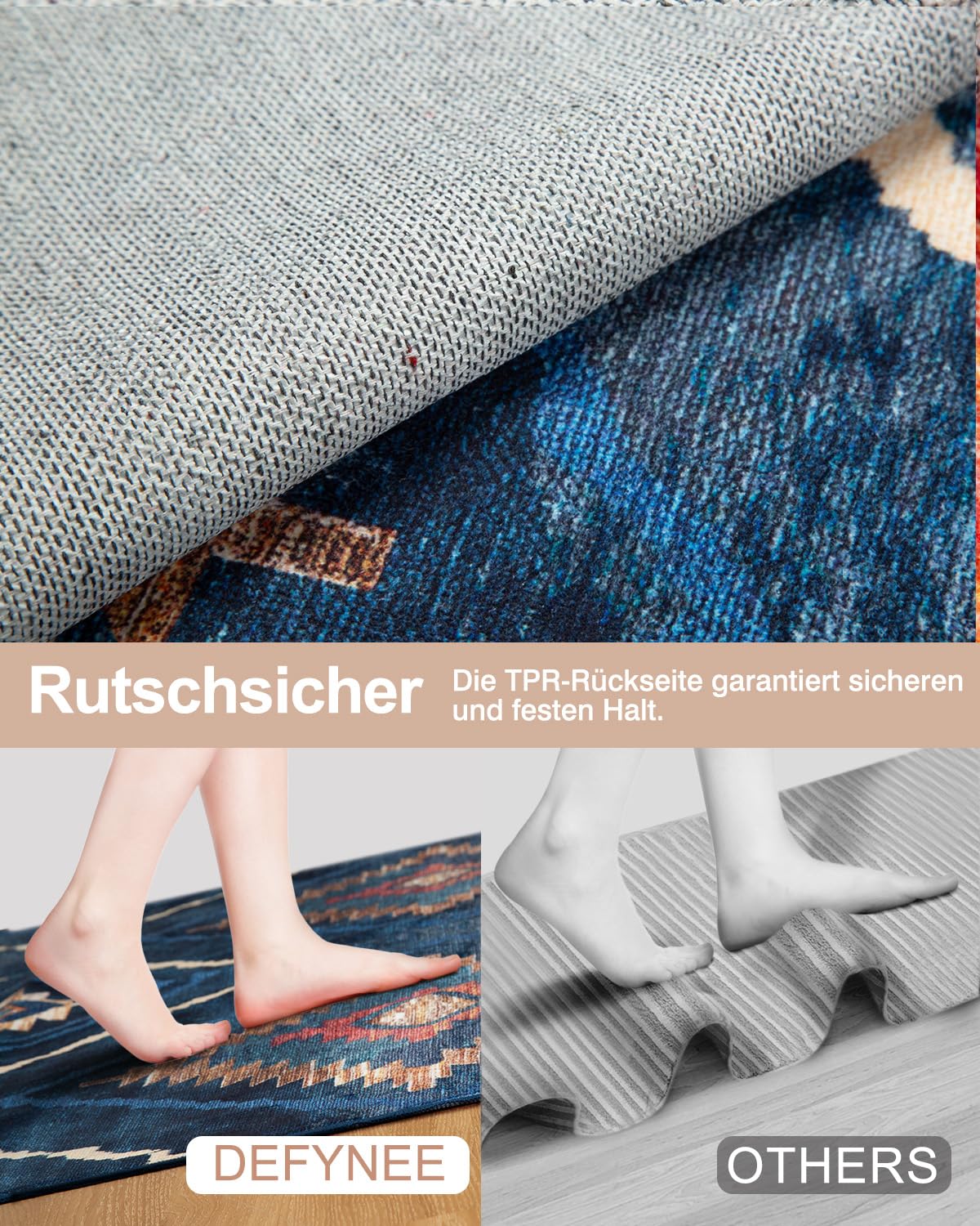 DEFYNEE Teppich Wohnzimmer 120 x 180 cm – Waschbarer Kurzflor Teppich, rutschfest, Vintage & Boho Stil, Pflegeleicht – Für Flur, Wohnzimmer, Schlafzimmer & Esszimmer, Dunkelblau