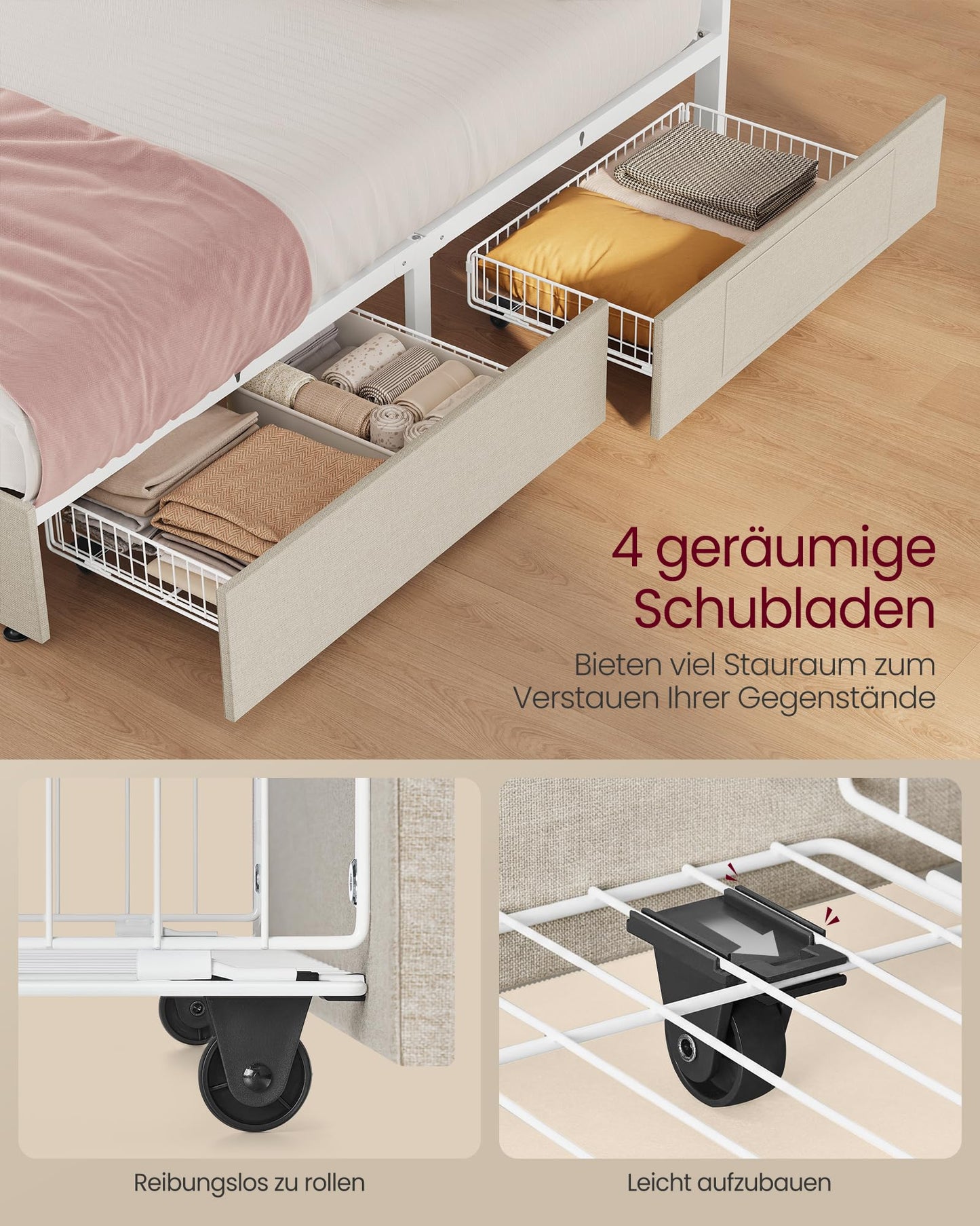 VASAGLE Double Bed Frame - Fits 140 x 200 cm Mattress - LED Metal Bed - 4 Drawers - Charging Station - Adjustable Padded Headboard - Slate Grey RMB827G02