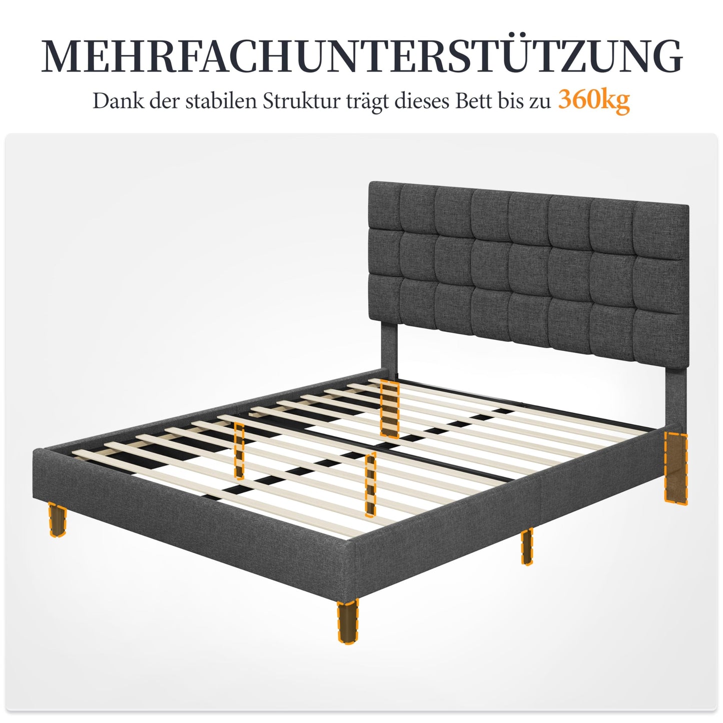 Yaheetech Upholstered Bed 140 x 200 cm Double Bed with Height-Adjustable Headboard, Sturdy Bed Frame, Fabric Bed with Slatted Frame, Padded Bed Frame, Youth Bed, Dark Grey