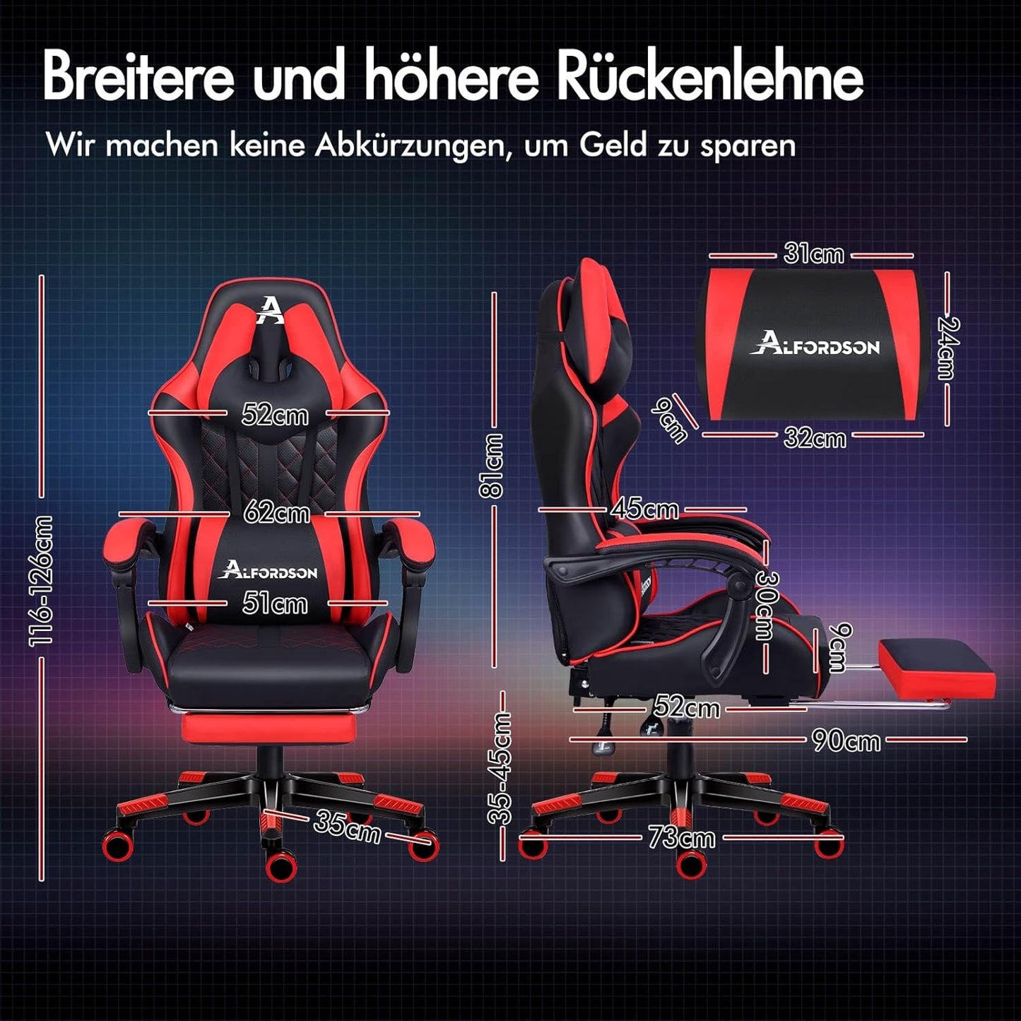 ALFORDSON Premium Gaming Chair with Footrest and Lumbar Support, Ergonomic Design, 150° Tilt, Leather Desk Chair for Gaming Office, 180kg Load Capacity, Red