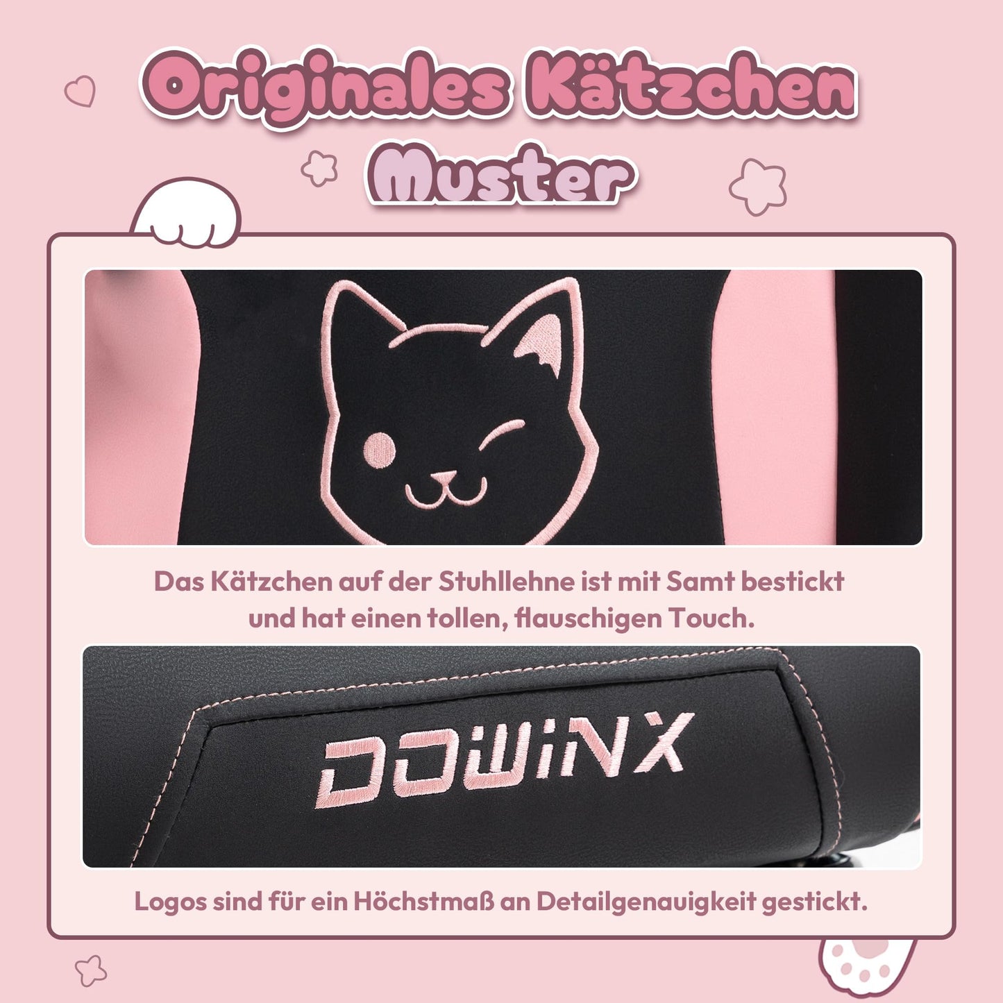 Dowinx Gaming Chair - Cute Cat Edition - Ergonomic Computer Chair with High Back and Lumbar Support, PU Leather, Footrest, Black