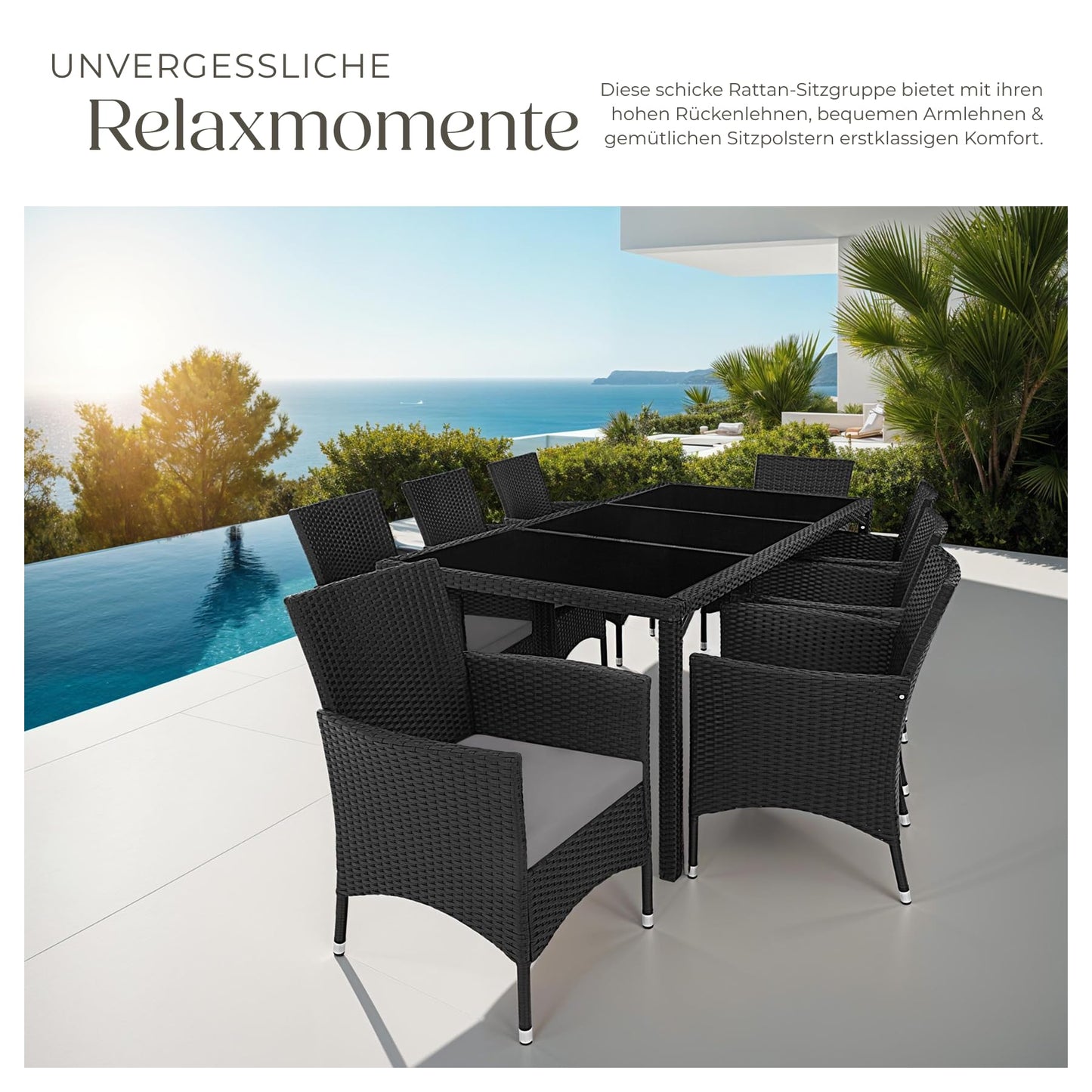 tectake® edles Outdoor Gartenmöbel Set Rattan Sitzgruppe mit Sessel und Tisch für 8 Personen, inkl. Schutzhülle und Polstern, Balkon Möbel wetterfest - Natur/dunkelgrau