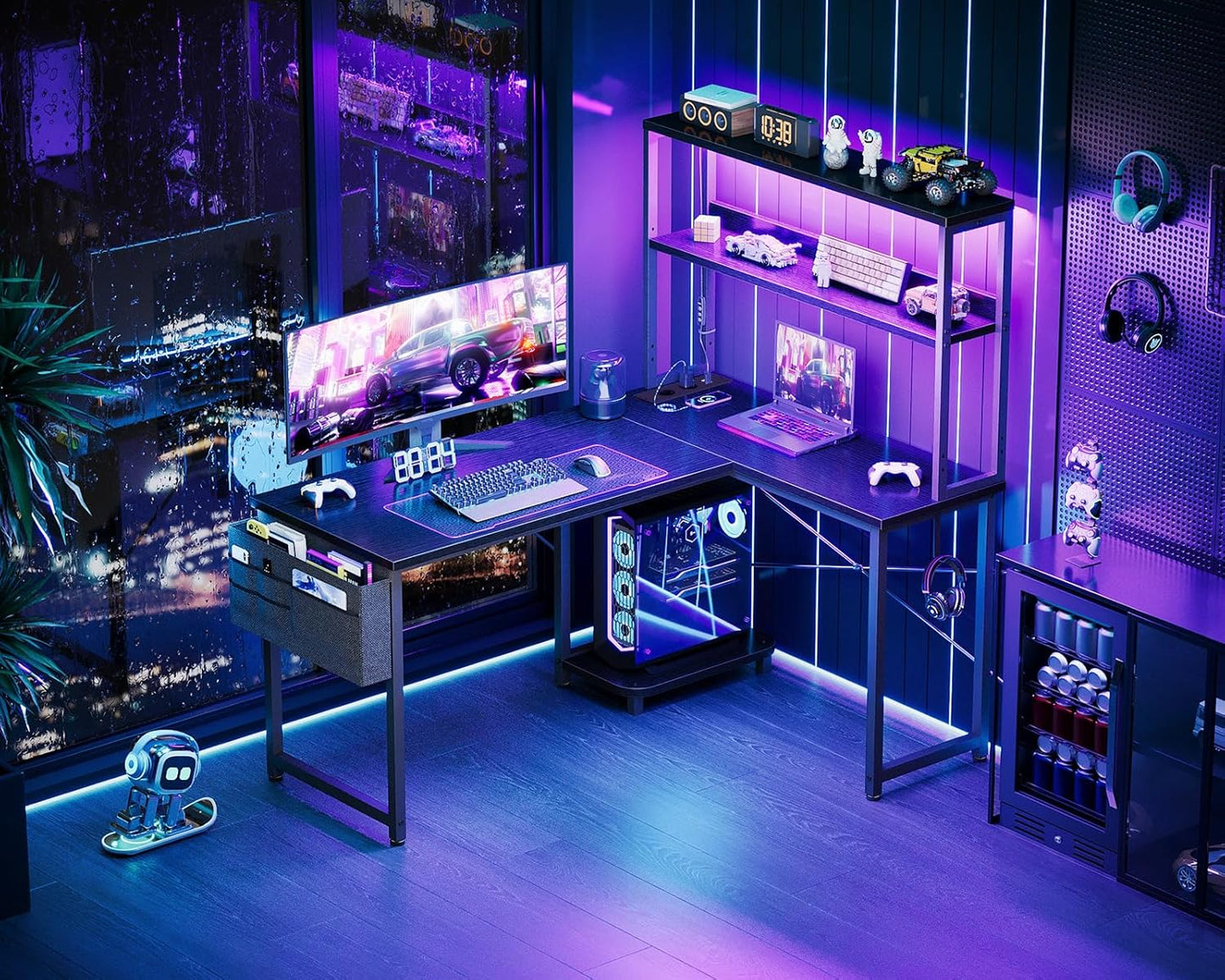 Coleshome Gaming Tisch L Form mit LED & Steckdosen, 135 × 100 cm Reversibel Gaming Schreibtisch mit Ablageregalen, Eckschreibtisch mit Aufbewahrungstasche für Homeoffice und Gaming, Schwarz